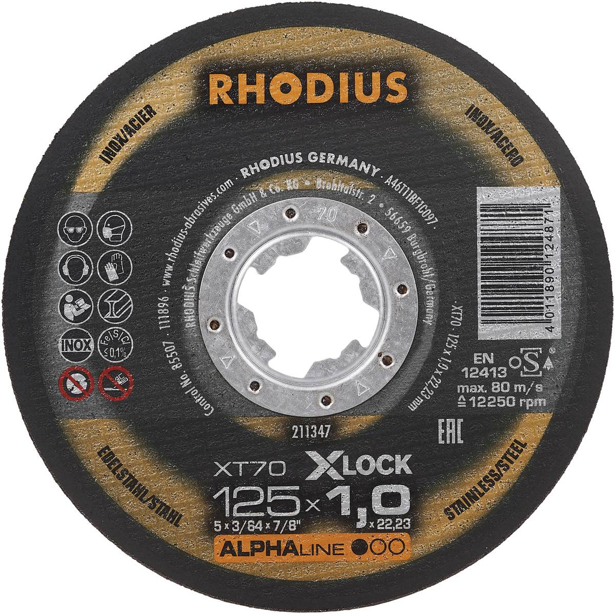 Disque à tronçonner de la marque Rhodius avec système X-LOCK, diamètre 125 mm, adapté pour l'usinage du métal et de l'acier inoxydable.