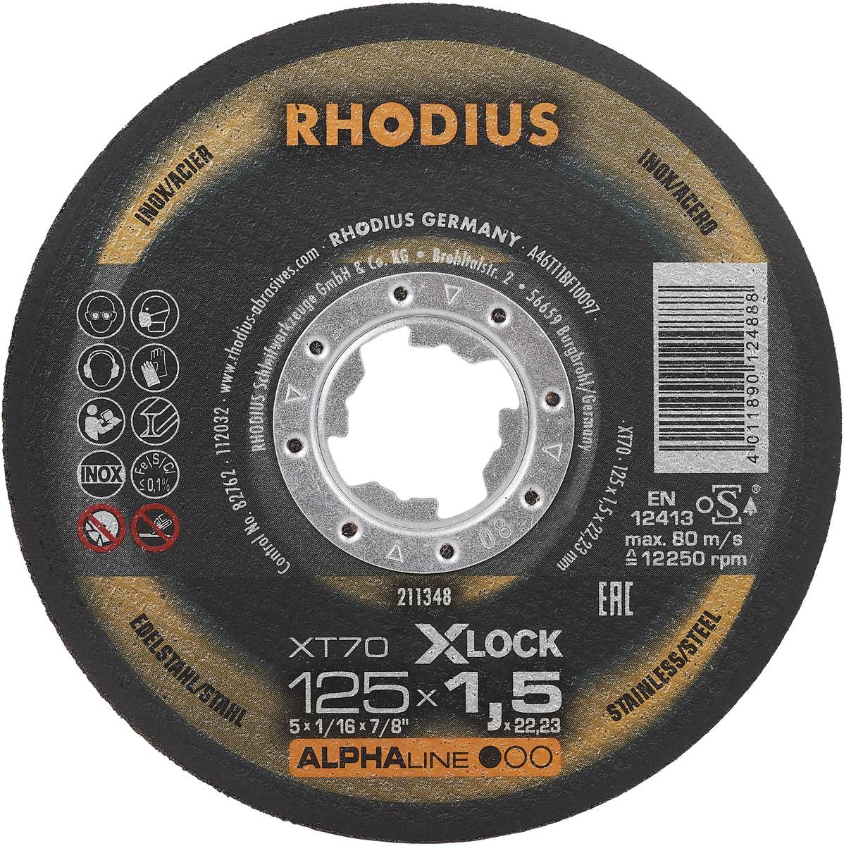 'Disque à tronçonner, marque Rhodius, diamètre 125 mm, épaisseur 1,5 mm, adapté pour l'acier inoxydable, modèle XT70, système de fixation X-LOCK.'