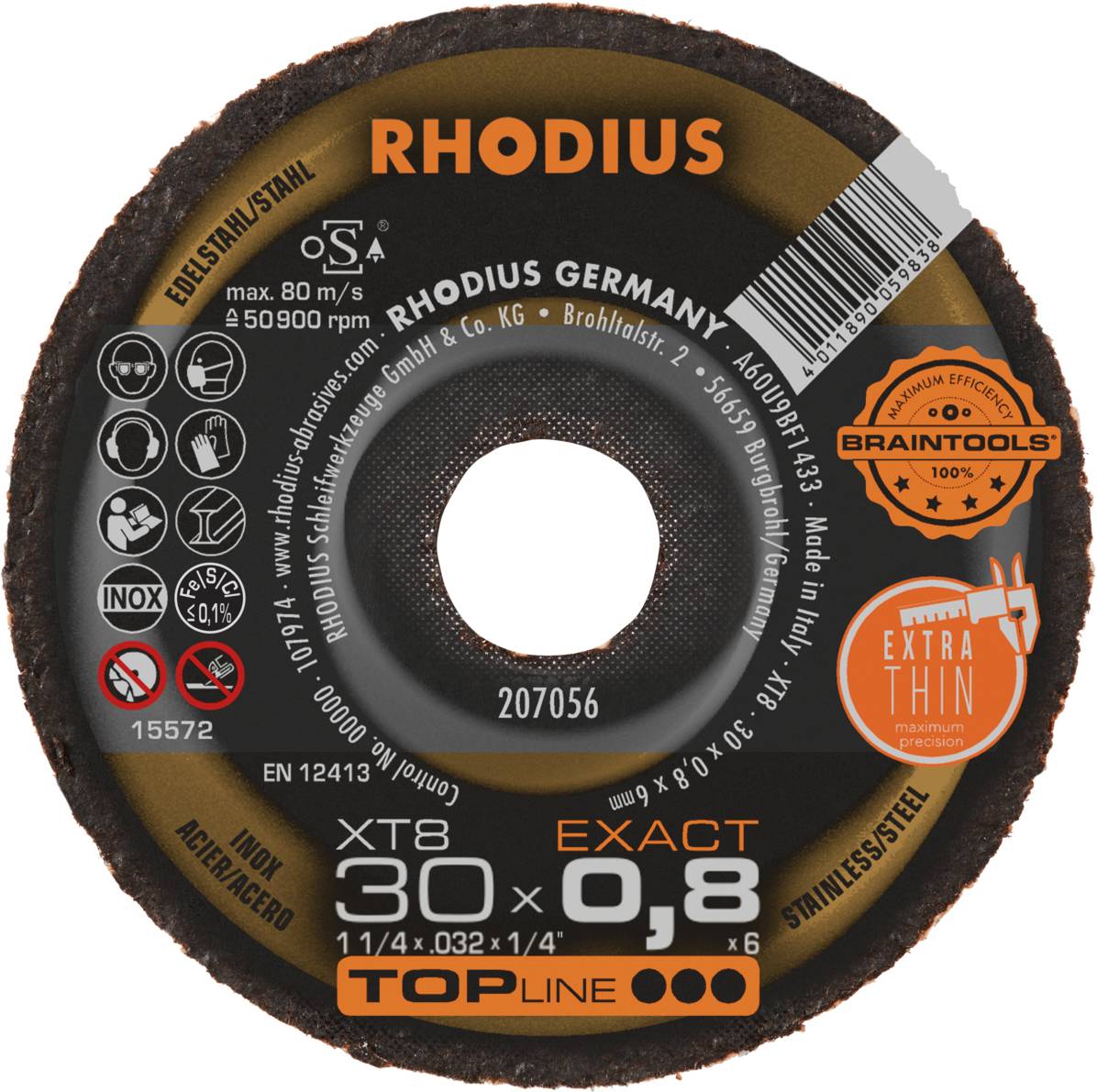 Un disque à tronçonner RHODIUS, modèle XT8 EXACT 0,8 pour acier inoxydable. Contient des symboles d'avertissement de sécurité et de matériau.