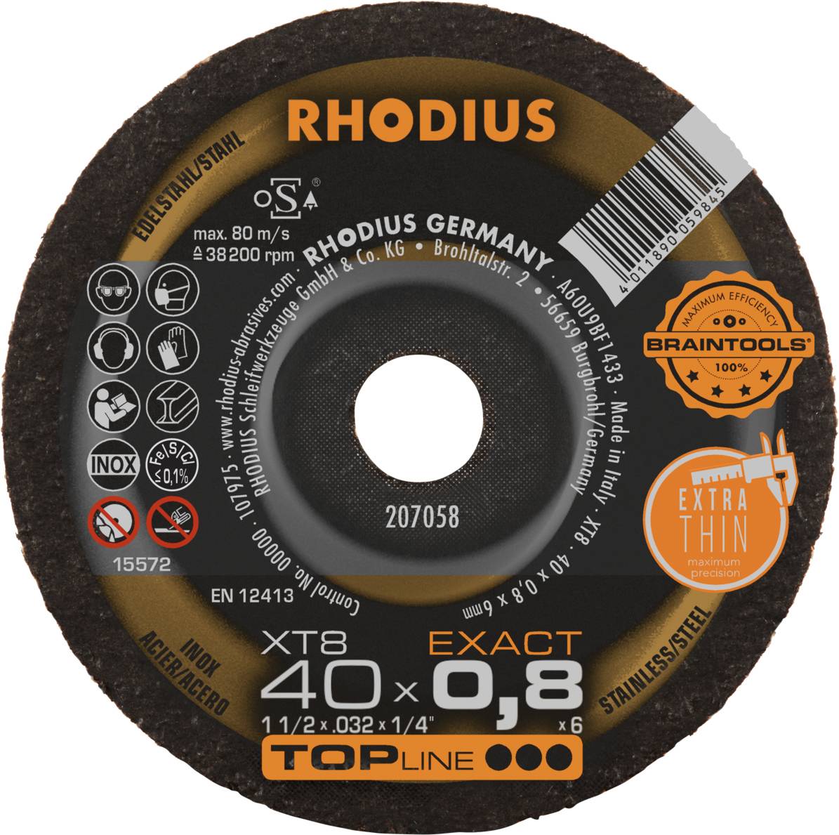Disque abrasif 'RHODIUS'. Inscription : 'EXACT 0,8', 'XT8 40'. Symboles : Vitesse maximale 13.280 tr/min, 80 m/s, extra fin. Fabriqué en Allemagne.