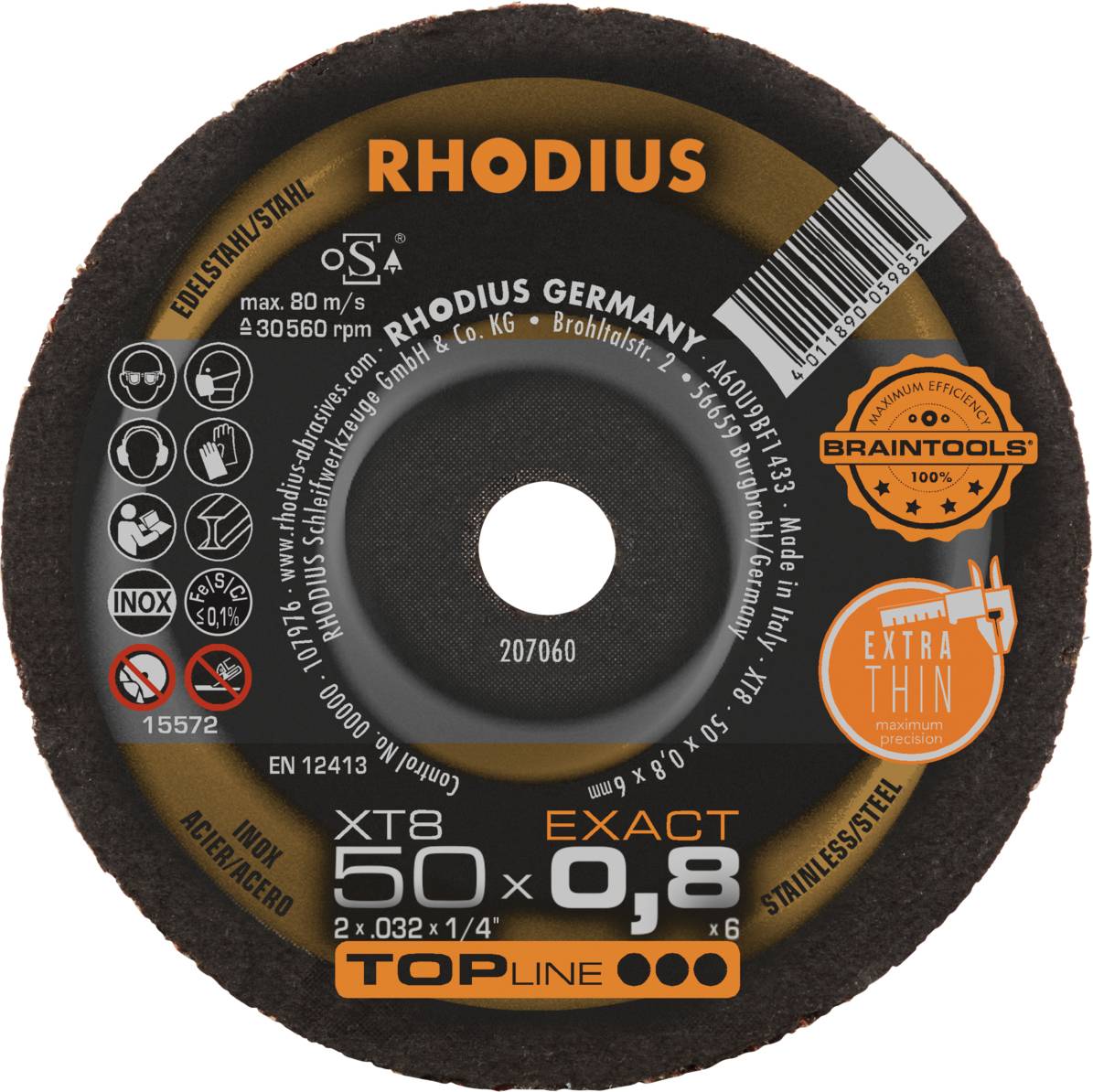 Un disque de coupe rond Rhodius de 50 mm de diamètre et 0,8 mm d'épaisseur, adapté pour l'acier inoxydable, avec logos de sécurité et de marquage.