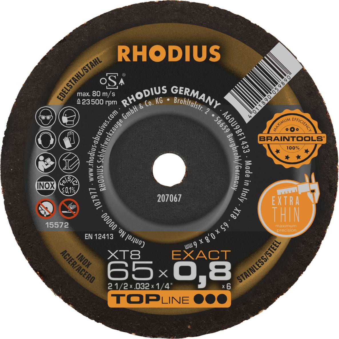Disque à tronçonner Rhodius Germany, diamètre 65 mm, épaisseur 0,8 mm, extra fin pour acier inoxydable et acier.