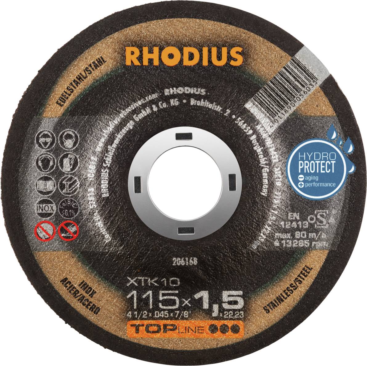 'Disque à meuler Rhodius, diamètre 115 mm, adapté pour l'acier inoxydable. Contient un sceau HydroProtect.'