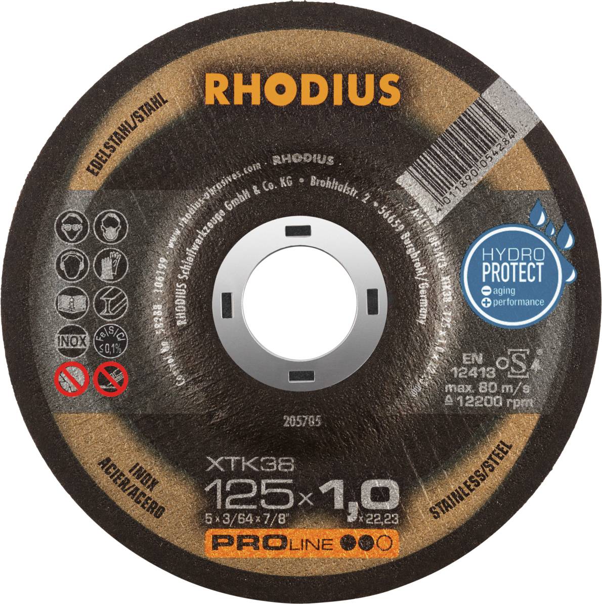 Disque à tronçonner avec marquage 'RHODIUS', diamètre 125 mm, épaisseur 1,0 mm. Adapté pour l'acier inoxydable, contient la technologie 'HYDRO PROTECT'.