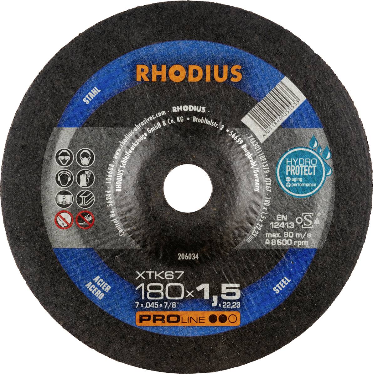 Disque à tronçonner 'RHODIUS' pour l'usinage des métaux, diamètre 180 mm, épaisseur 1,5 mm, avec traitement HydroProtect pour améliorer les performances.