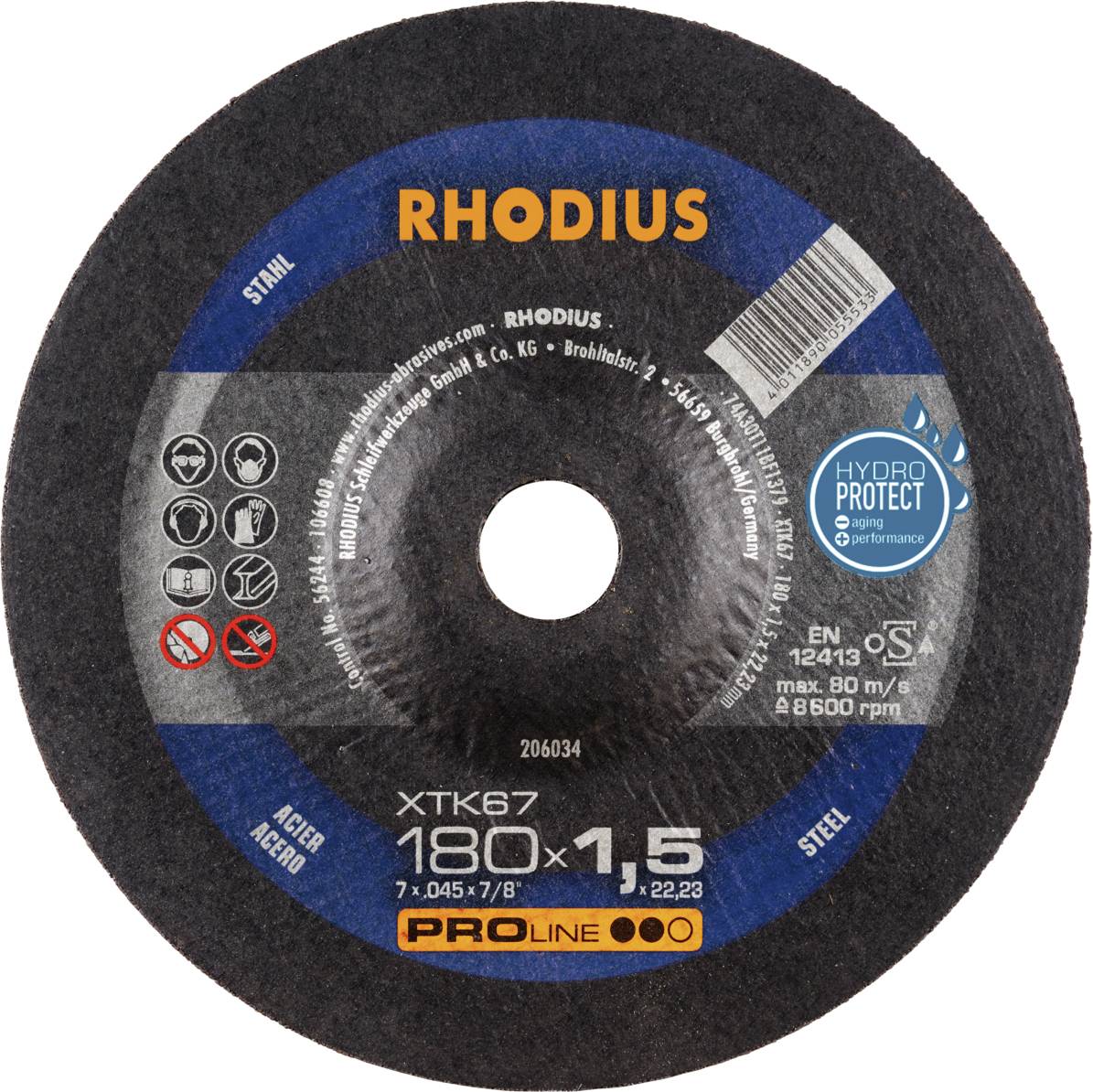 Un disque de coupe circulaire portant l'inscription 'RHODIUS', adapté pour l'acier, d'un diamètre de 180 mm et d'une épaisseur de 1,5 mm.