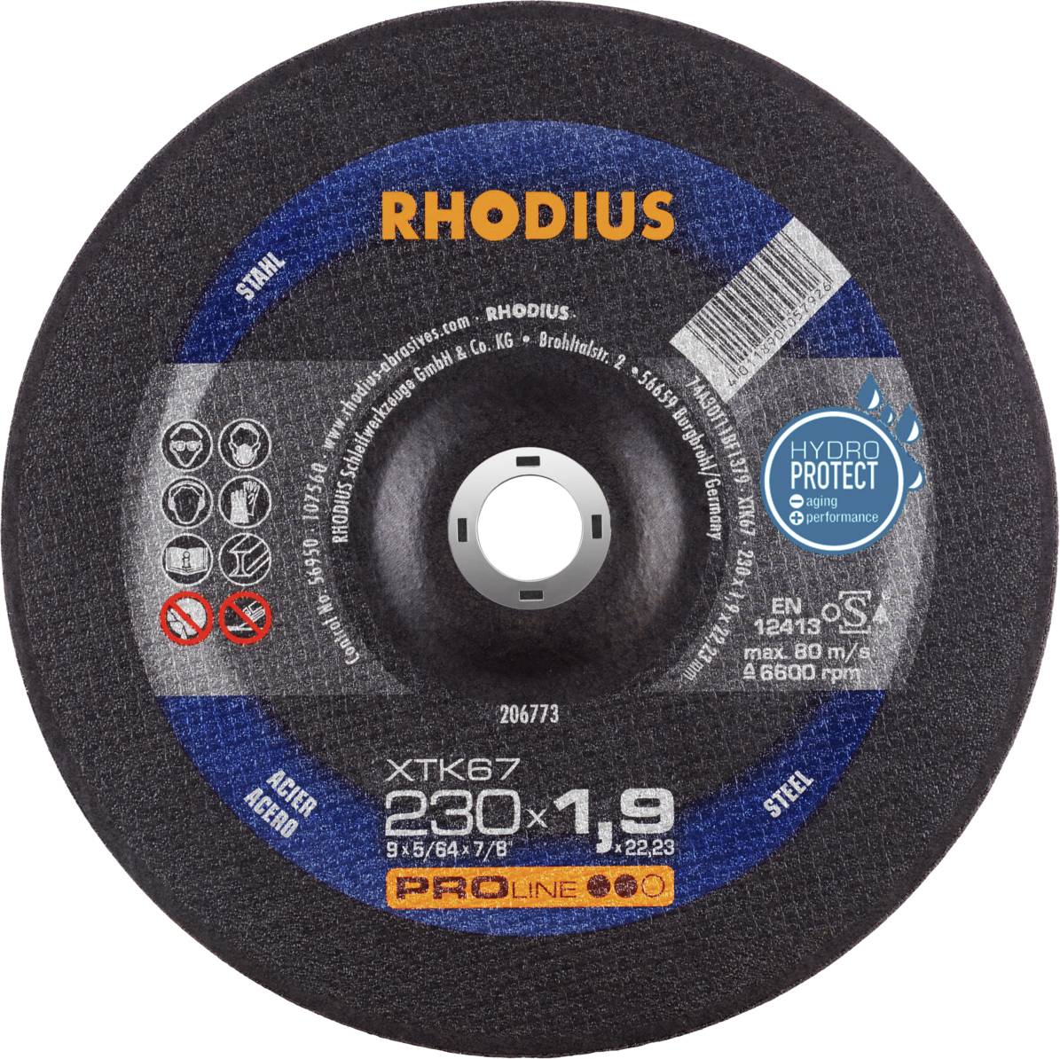 Disque à tronçonner Rhodius, modèle XTK67, 230 mm, pour acier, avec technologie HydroProtect. Vitesse de rotation maximale 80 m/s, 6600 tr/min.