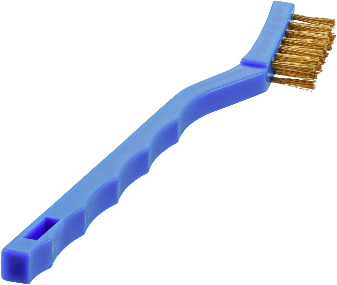 Une petite brosse métallique avec une poignée en plastique bleu et des poils courts. Adaptée pour nettoyer des surfaces ou des outils.