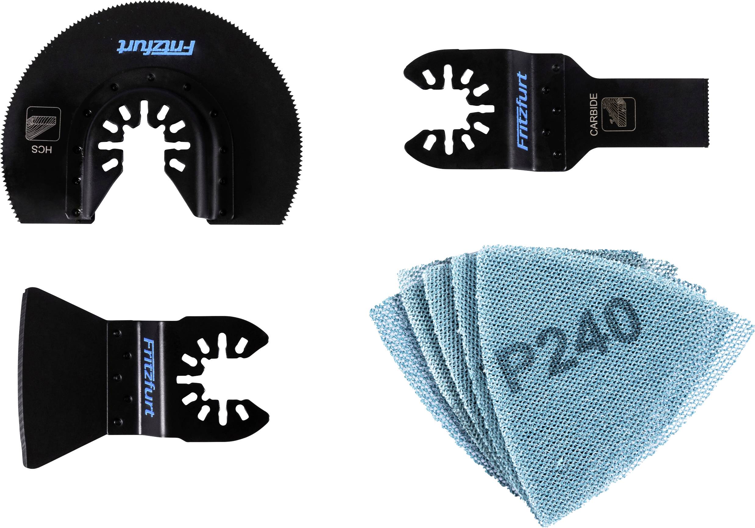 Un ensemble de lames d'outil oscillant noir de marque 'Fitzun', comprenant une lame à segment courbe, une lame plate, une lame en carbure et des tampons de ponçage bleus marqués 'P240'.
