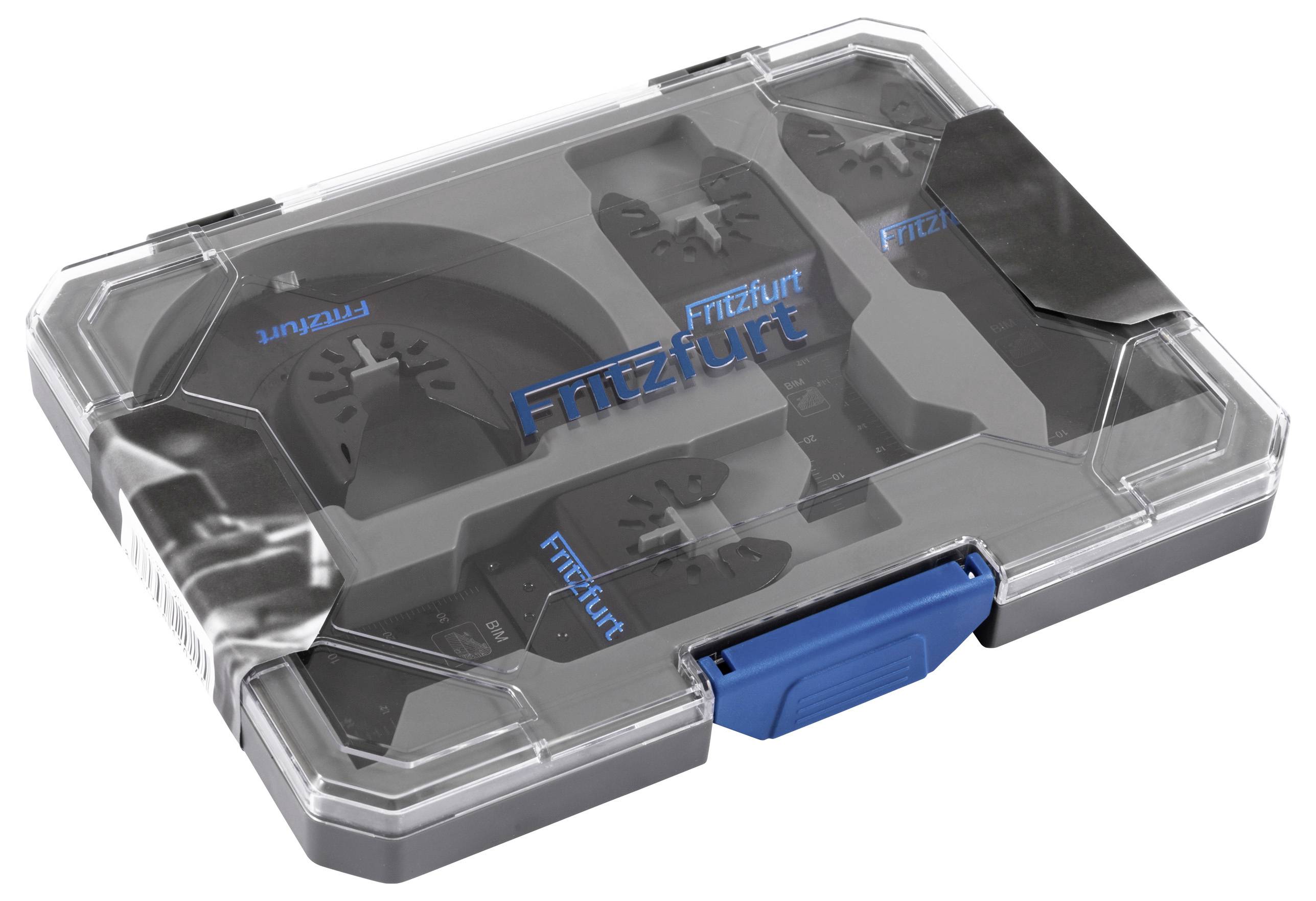 Boîte de rangement de la marque 'Fritzfurt' en plastique, dotée de compartiments de protection pour organiser les outils et accessoires, avec un couvercle transparent et un fermoir bleu.