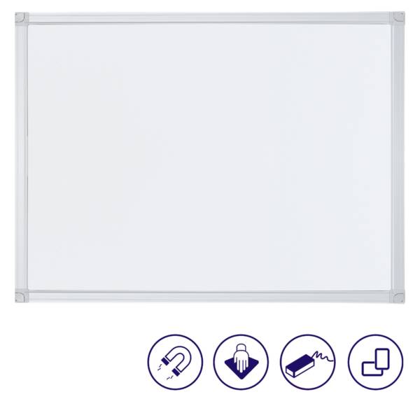 Tableau blanc avec cadre argenté. Symboles en bas : magnétique, effaçable, avec range-stylos, compatible avec les appareils mobiles.