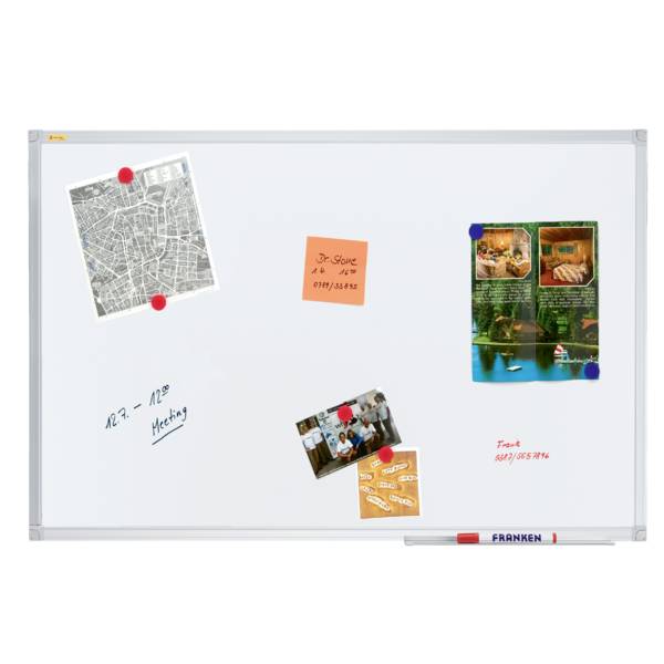 Un tableau blanc avec des notes colorées, des photos et une carte. Les notes contiennent des rendez-vous et des noms. Les photos montrent des paysages et des groupes.