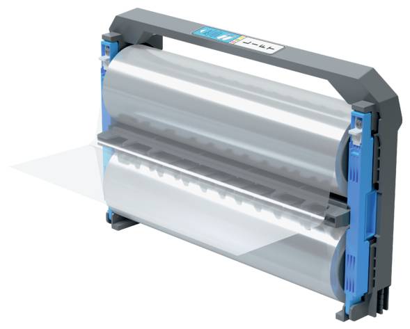 Un ensemble de rouleaux de plastification comprenant deux grands rouleaux de film transparent dans un support, prêt à laminer des documents.