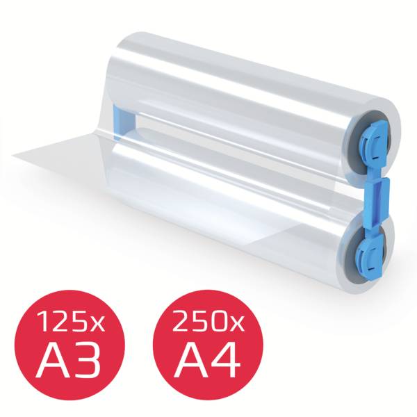 Rouleau de film de laminage transparent, disponible en format 125x A3 et 250x A4, compatible avec les plastifieuses.