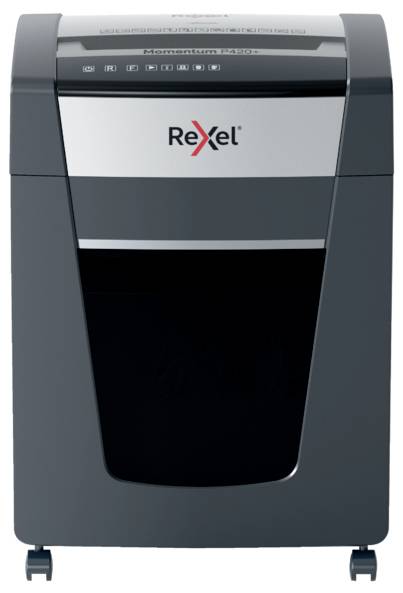 Un destructeur de documents gris de Rexel ; puissant et mobile sur roulettes, adapté aux bureaux pour détruire des documents confidentiels.