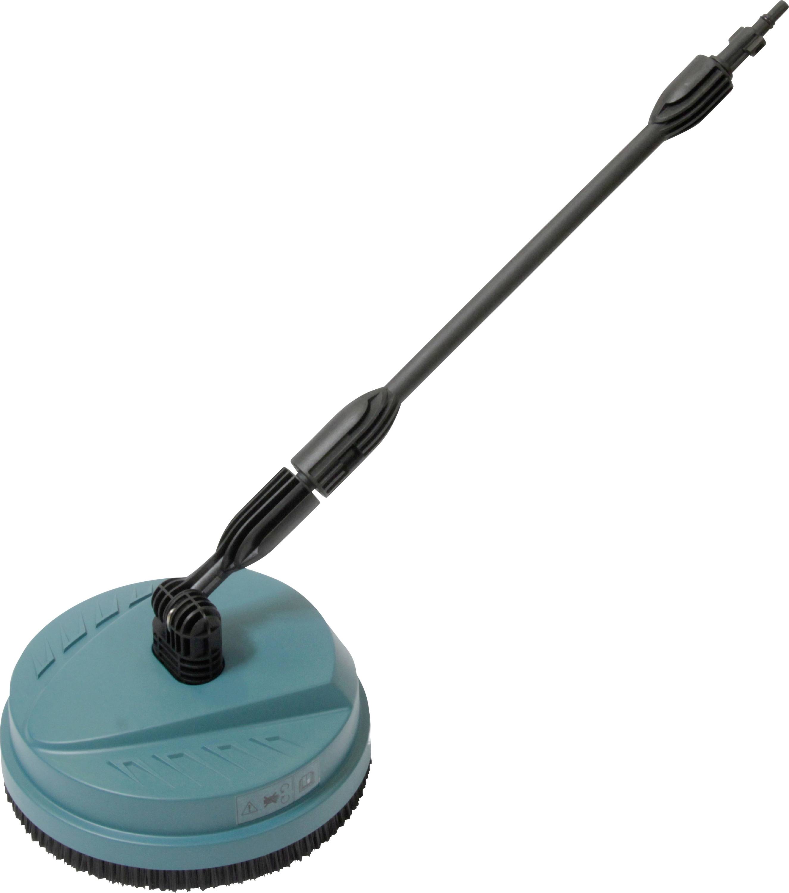 Un embout de nettoyeur haute pression rond et bleu avec une longue poignée, adapté au nettoyage des surfaces extérieures.
