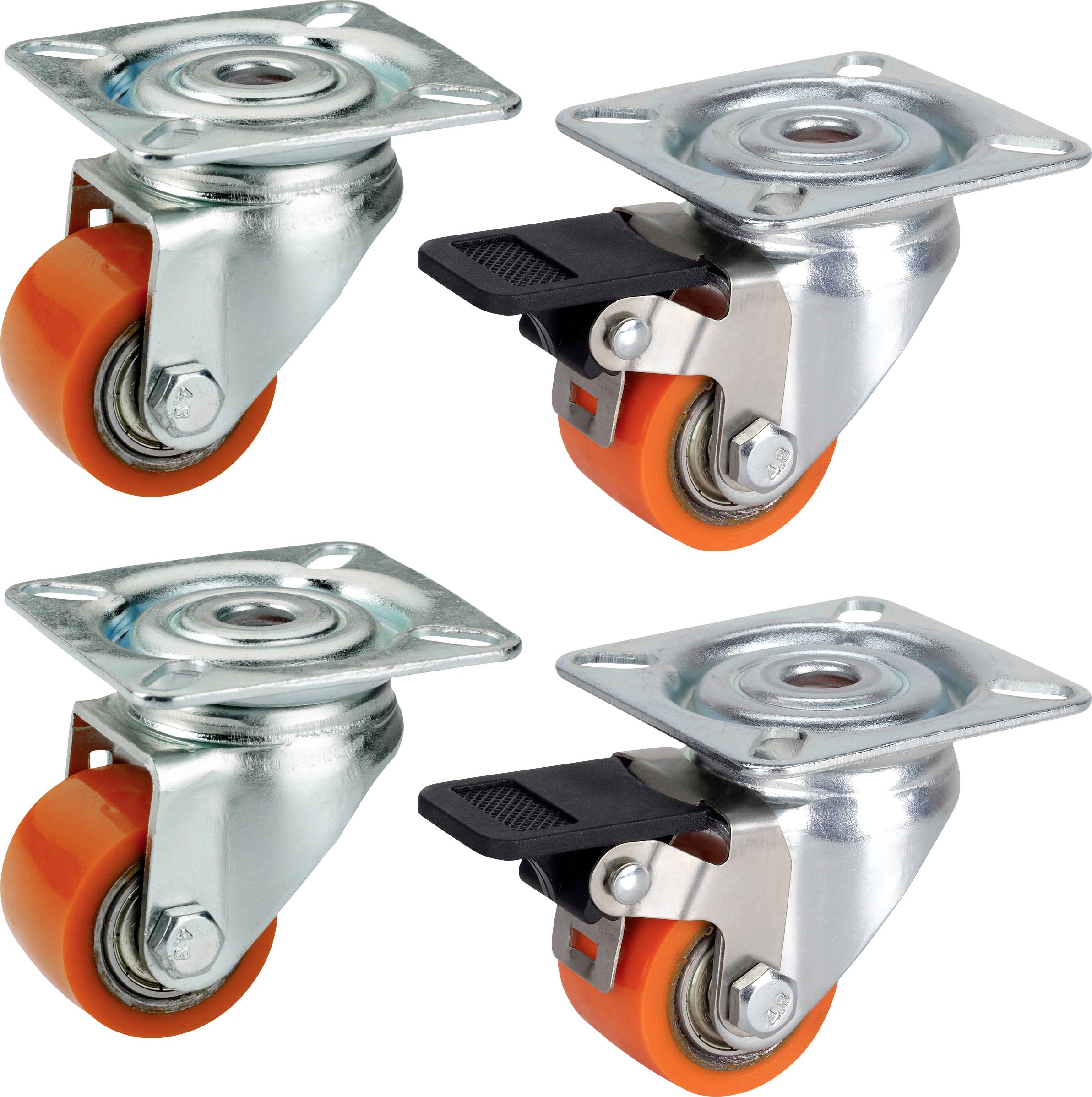 Quatre roulettes pivotantes avec des roues oranges ; deux avec frein et deux sans frein.