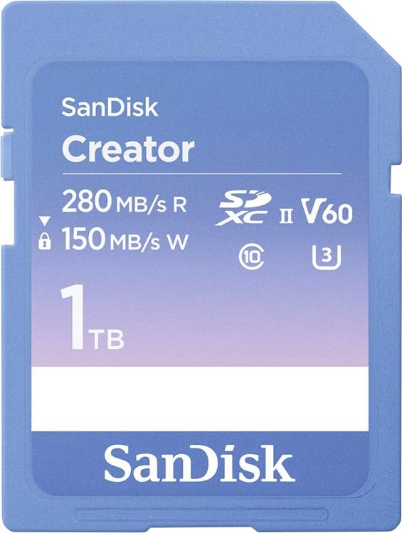 SanDisk Creator Carte SDXC au détail 1 TB Class 10, v60 Video Speed Class, UHS-II U3 Commutateur de protection d'écriture