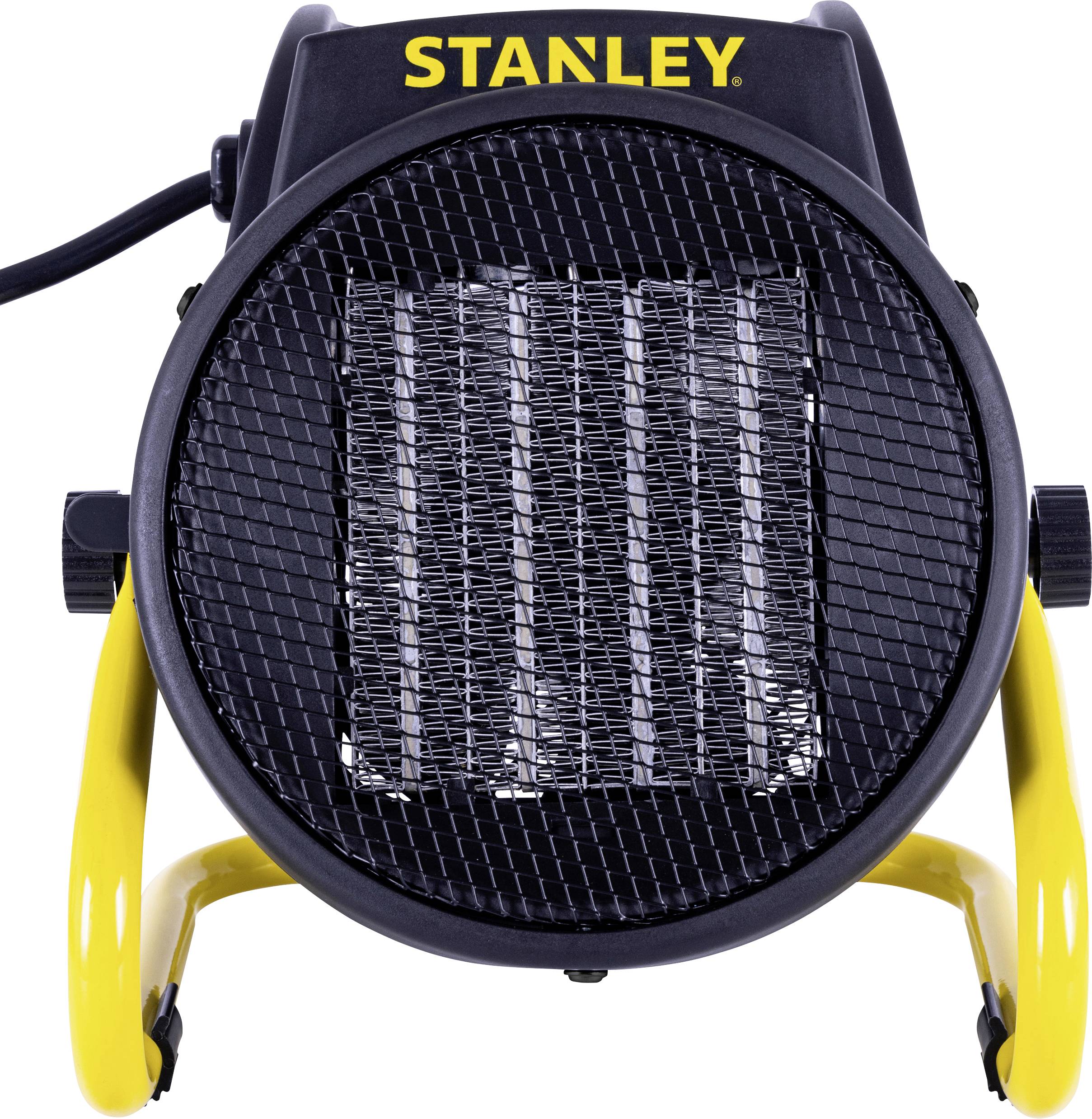 Un chauffage électrique portable rond avec un avant en maille noire et un support jaune, de marque 'Stanley', généralement utilisé pour chauffer de petits espaces.