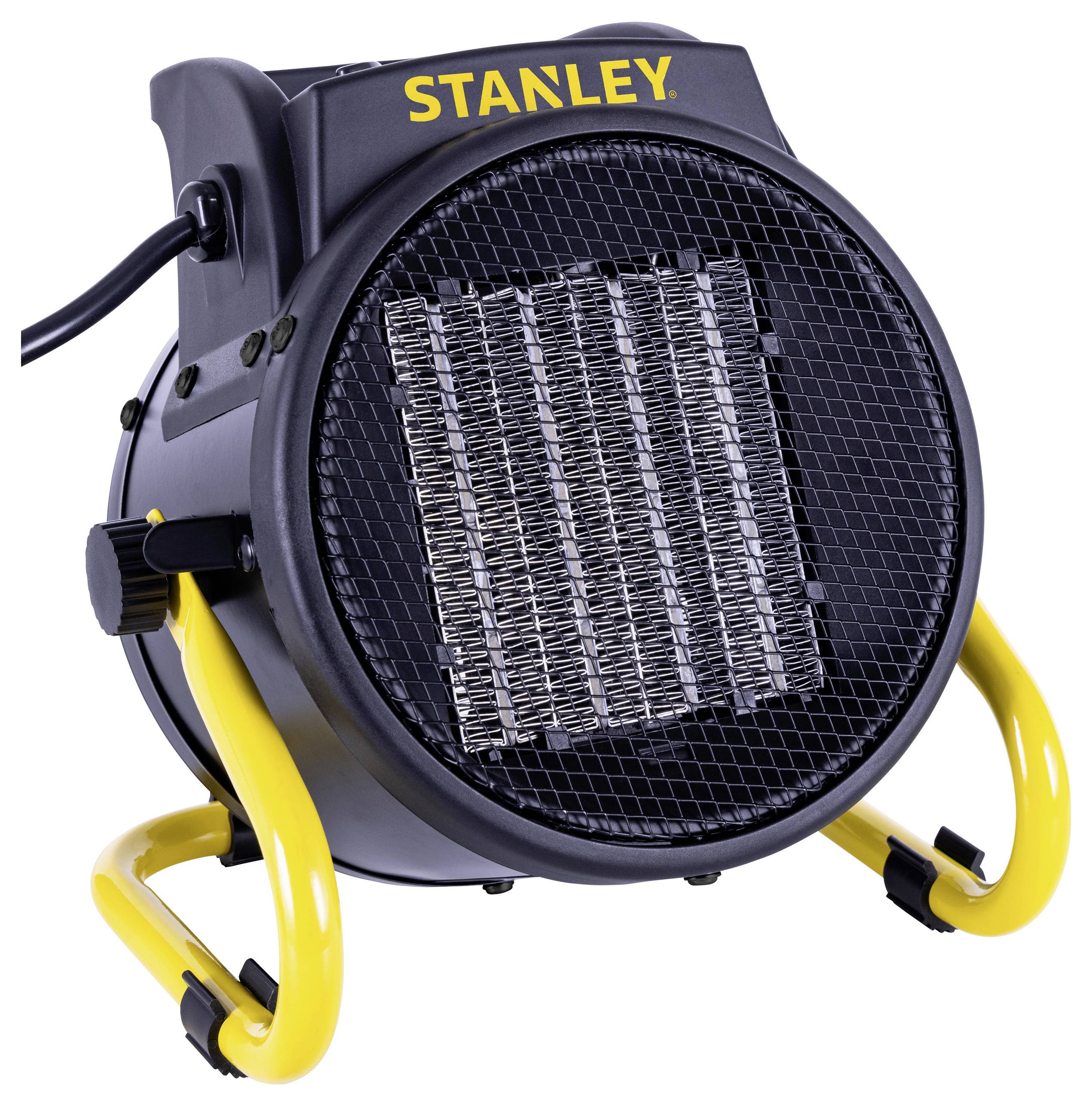 Chauffage électrique portable avec façade avant en maille circulaire et socle jaune, de marque 'Stanley'. Conçu pour un chauffage personnel efficace.
