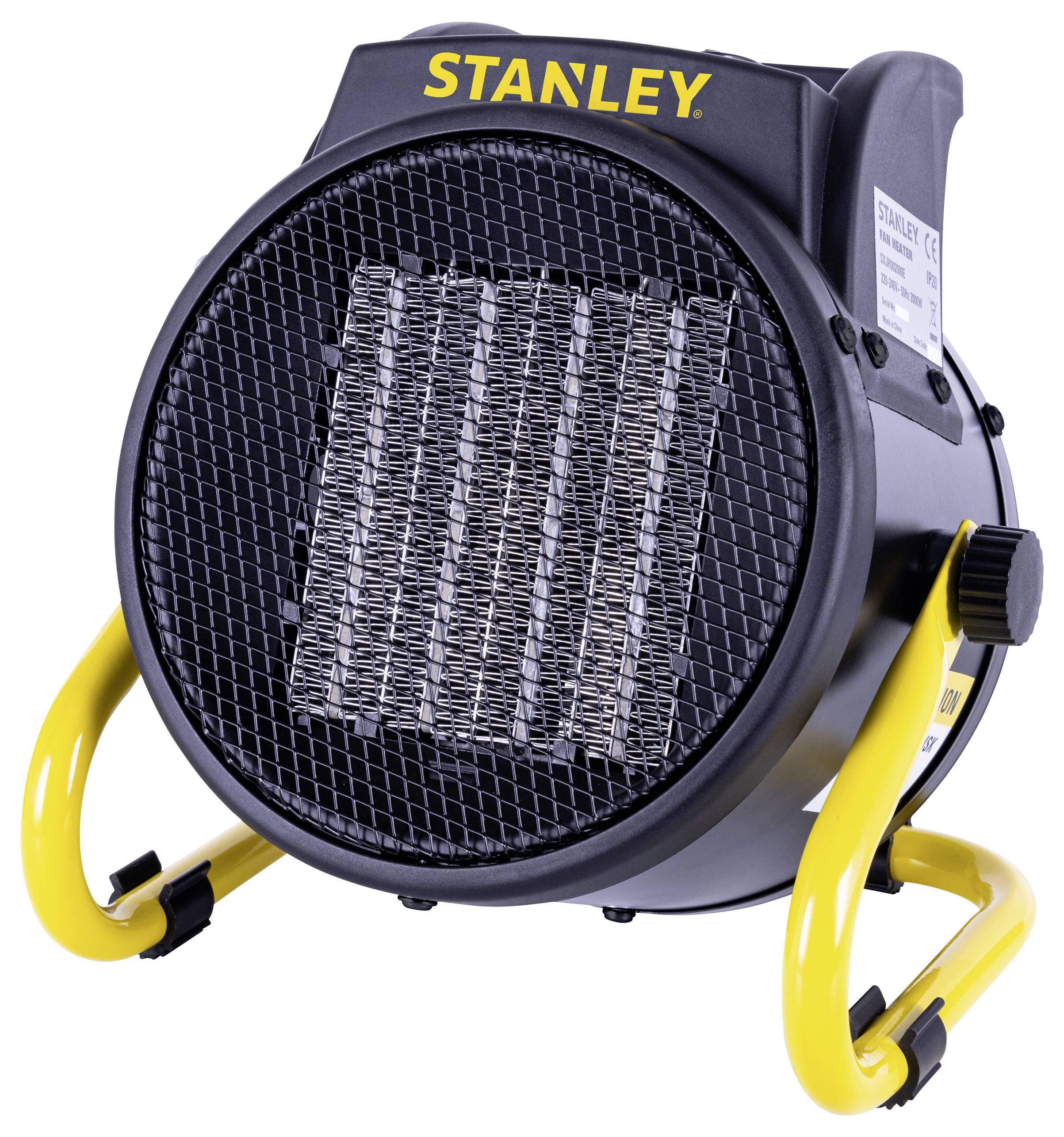 Un chauffage soufflant circulaire noir avec une façade en grille métallique et un support jaune, portant la marque 'Stanley' sur le dessus, conçu pour un chauffage portable.