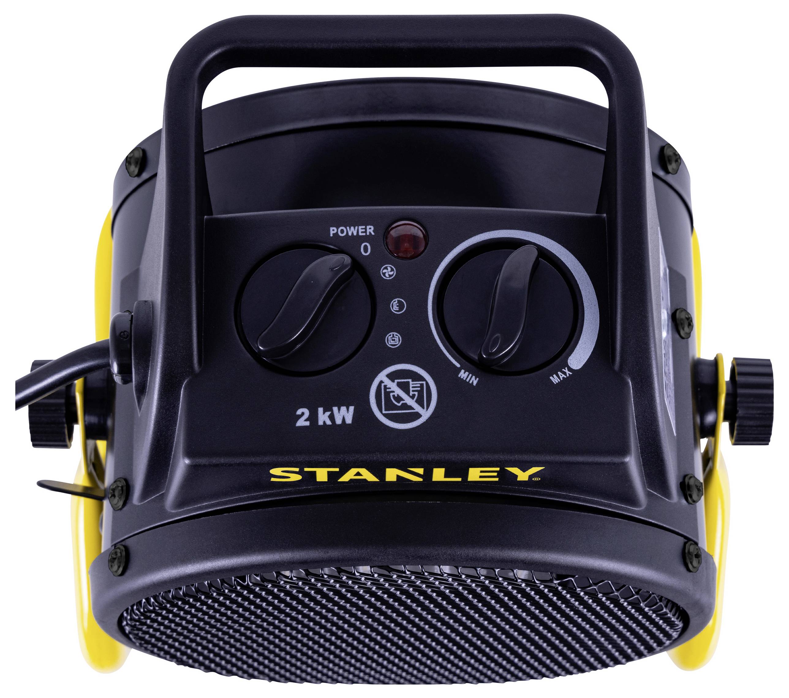 Appareil de chauffage électrique portable de marque « Stanley » avec des boutons de commande pour la puissance et les réglages de température, vu de dessus.