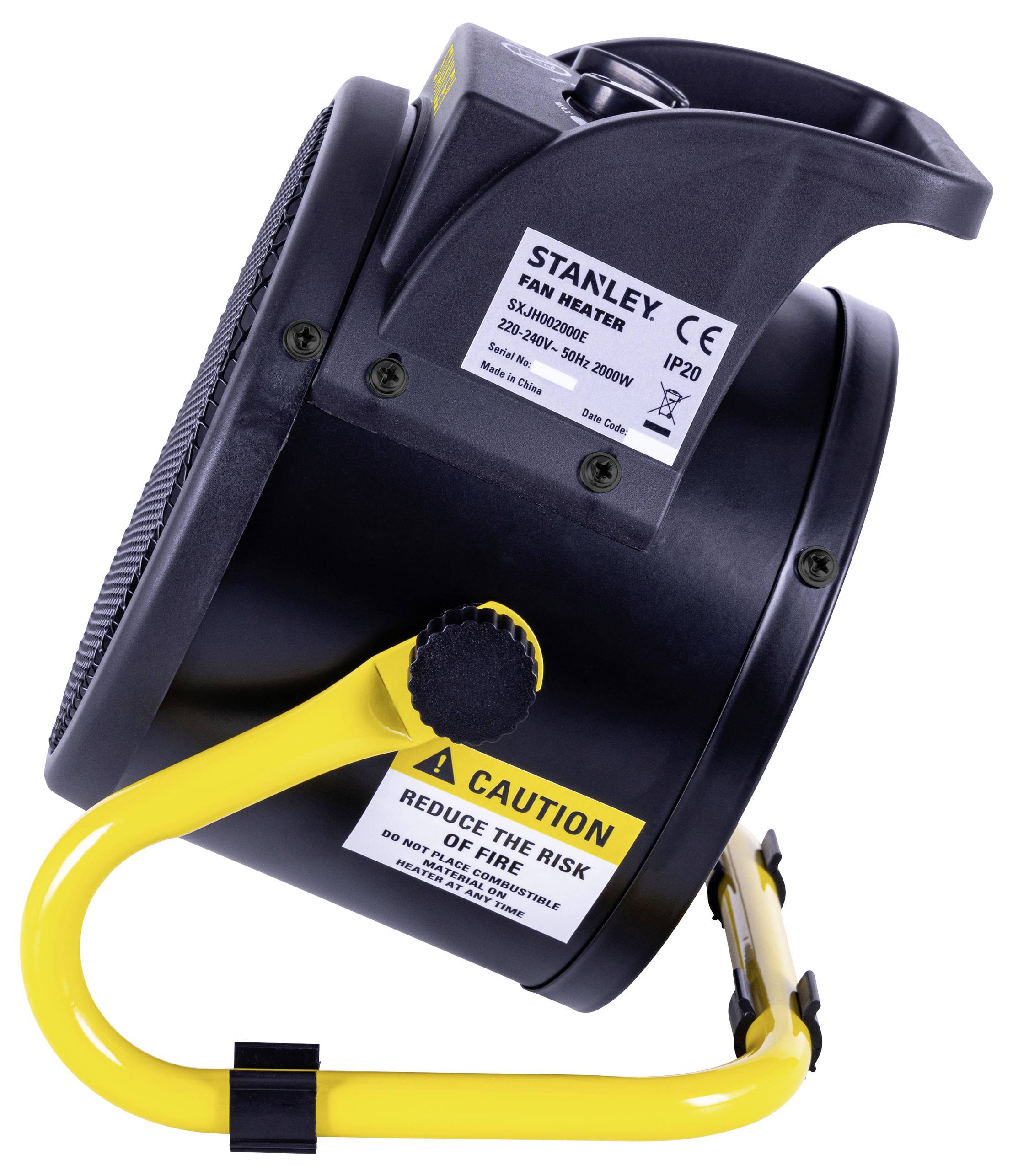 Un chauffage d'appoint portable Stanley avec un support jaune et une étiquette de mise en garde, conçu pour chauffer les espaces de manière efficace et sécurisée.