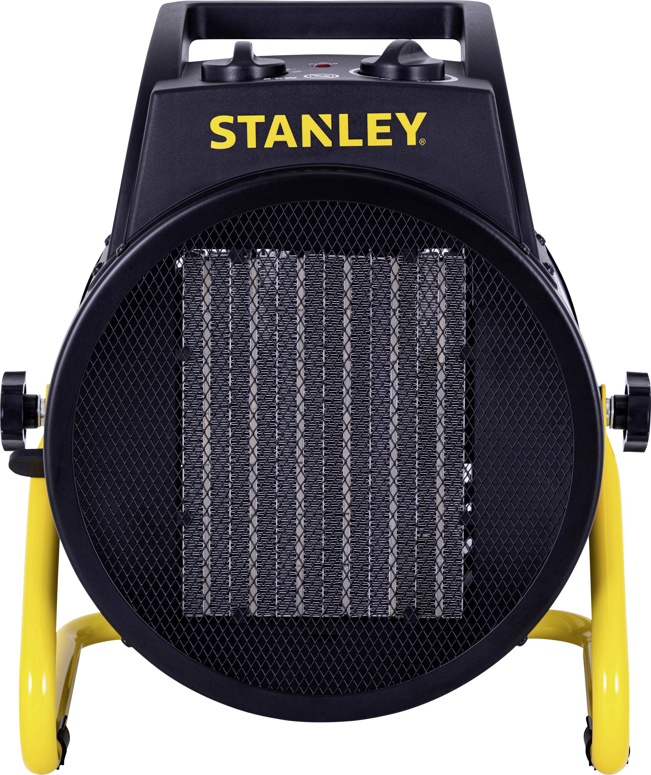 Un chauffage d'appoint portable noir et jaune avec une grille avant en maille, portant l'étiquette « STANLEY » sur le dessus. L'appareil est équipé de boutons réglables pour le contrôle de la température.