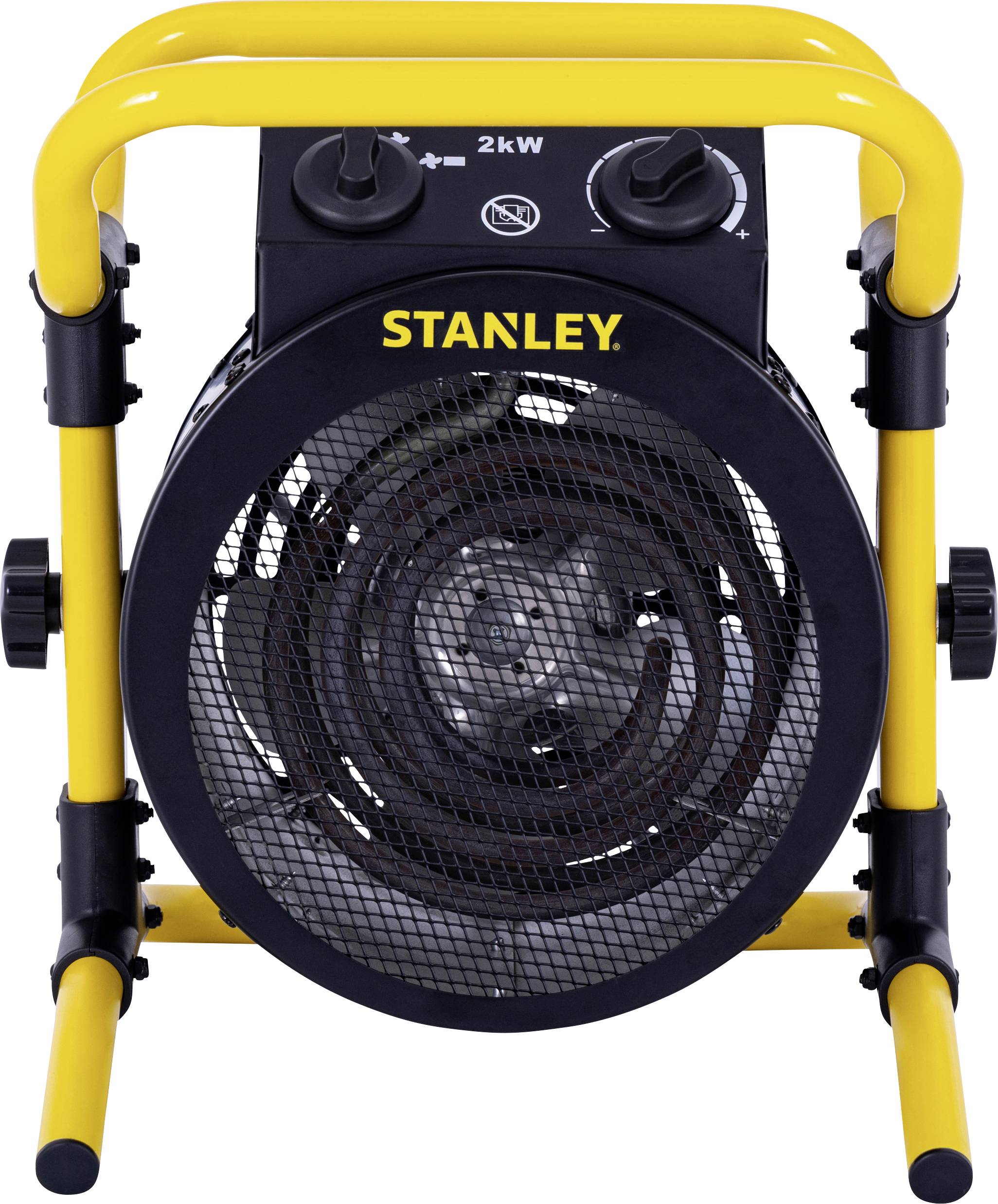 Chauffage électrique portable avec cadre jaune et boîtier noir, portant l'étiquette « Stanley ». Boutons de commande pour les réglages de puissance situés sur le dessus.