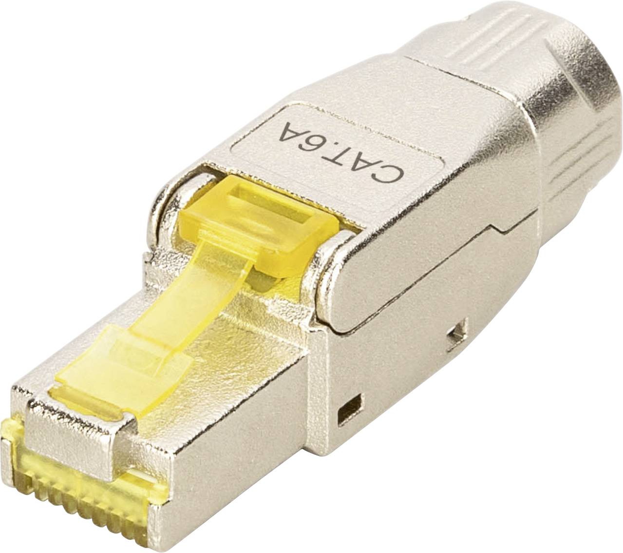 Connecteur RJ45 Cat 6A enfichable en métal avec clip de sécurité jaune, adapté aux installations réseau.
