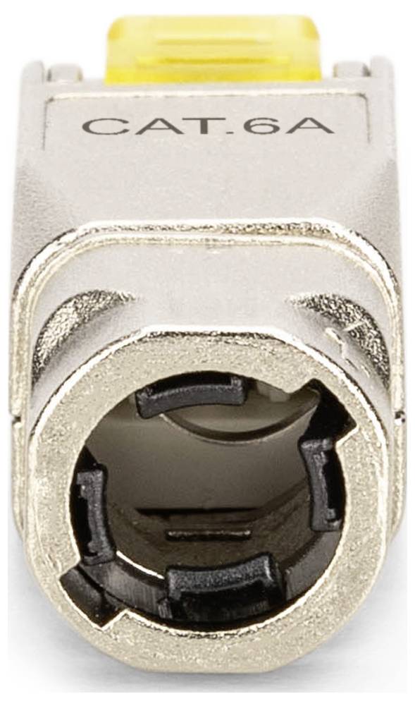 Un connecteur Ethernet Cat 6A en gros plan, adapté aux réseaux à haute vitesse. Boîtier argenté avec un élément jaune sur le dessus.