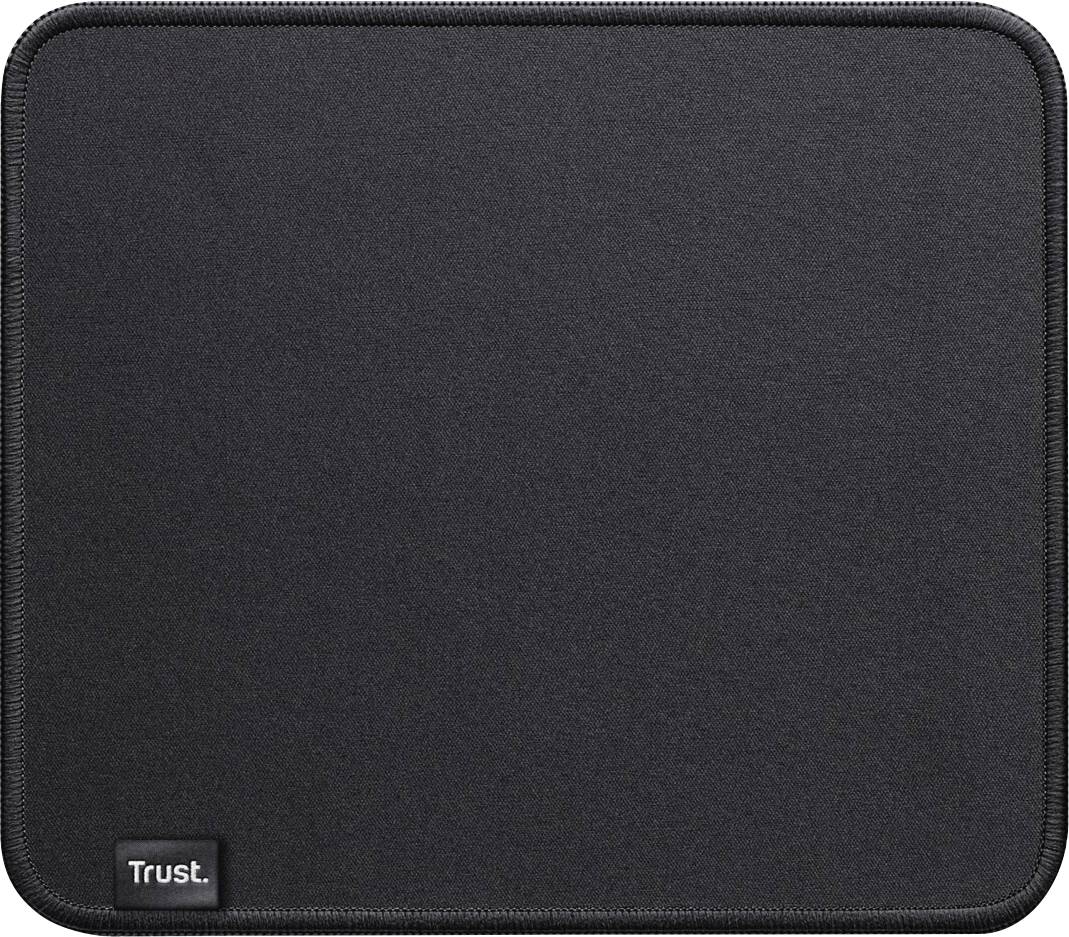 Un tapis de souris noir simple avec l'inscription 'Trust' dans le coin.