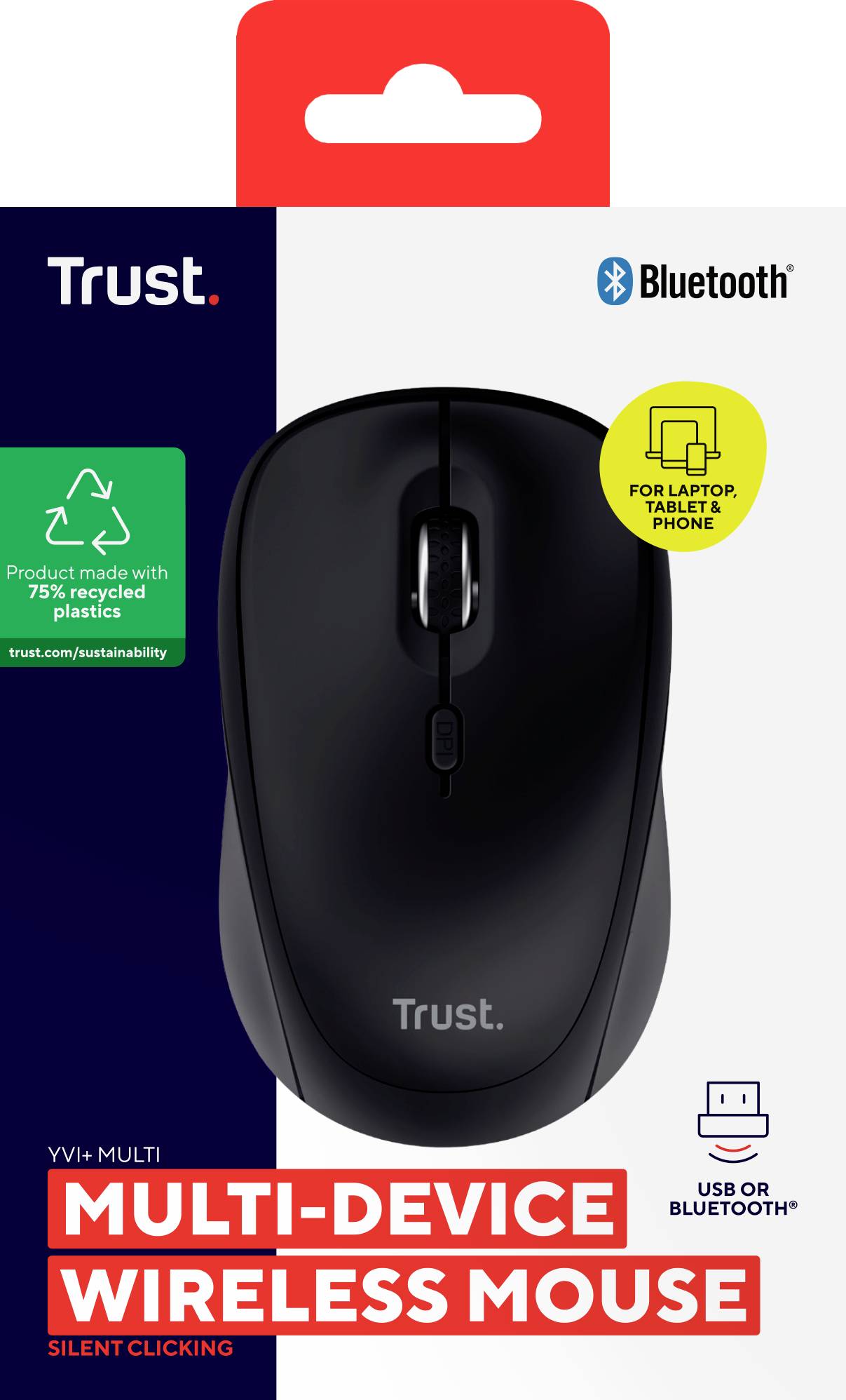Trust YVI+ MULTI-DEVICE WIRELESS MOUSE BLACK Souris sans fil, Bluetooth, USB noir 3 Boutons