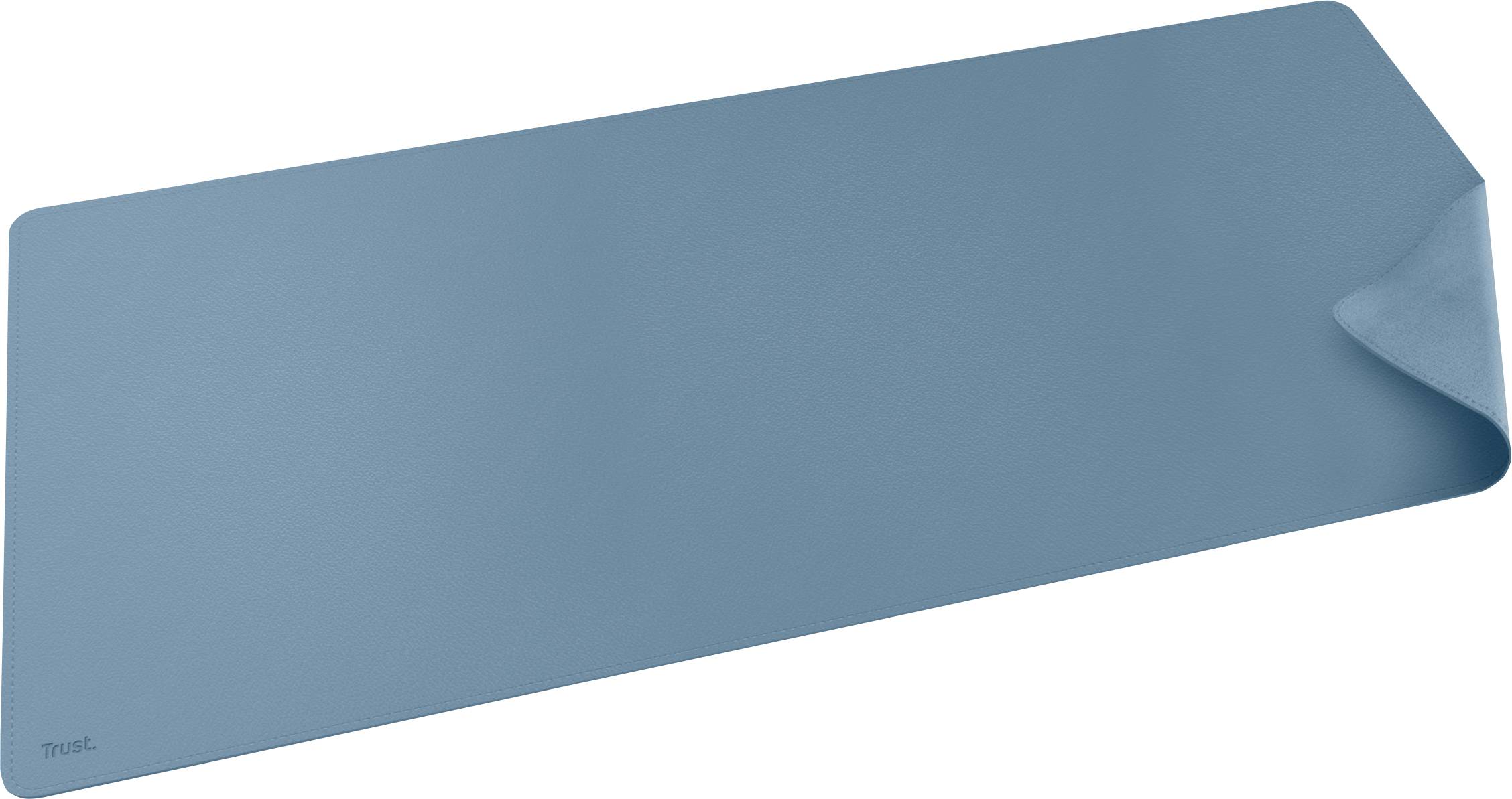 Tapis de souris bleu-gris avec des coins biseautés et un bord replié en haut à droite.