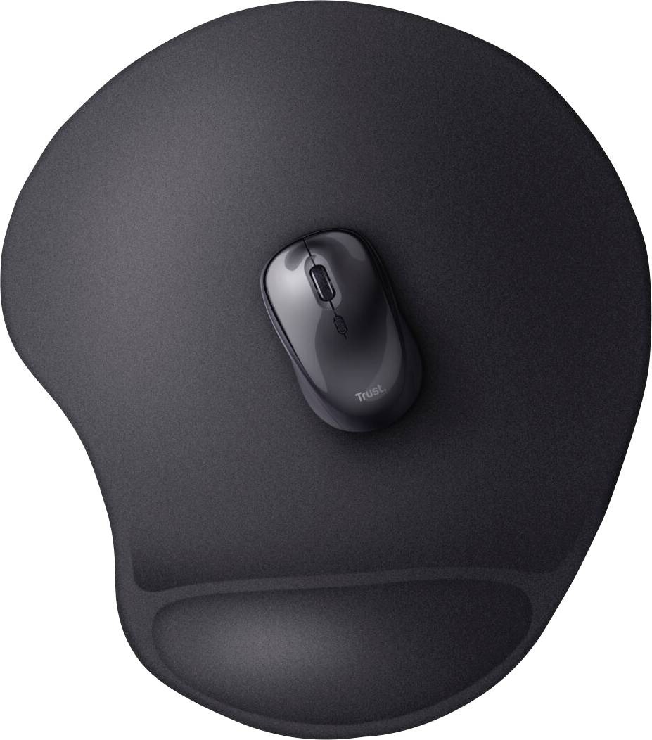 Souris d'ordinateur noire sur un tapis de souris ergonomique noir avec repose-poignet.