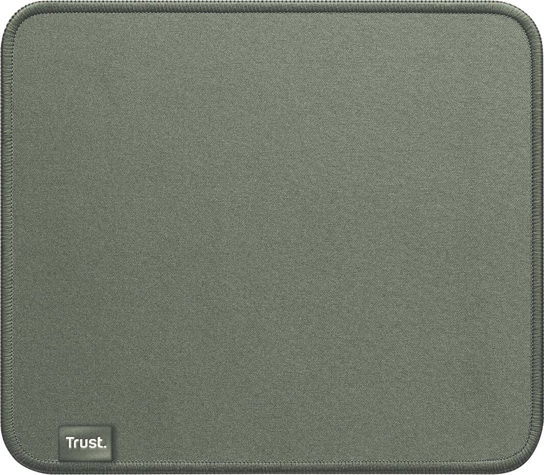 Tapis de souris gris aux coins arrondis avec l'inscription 'Trust' dans le coin inférieur gauche.