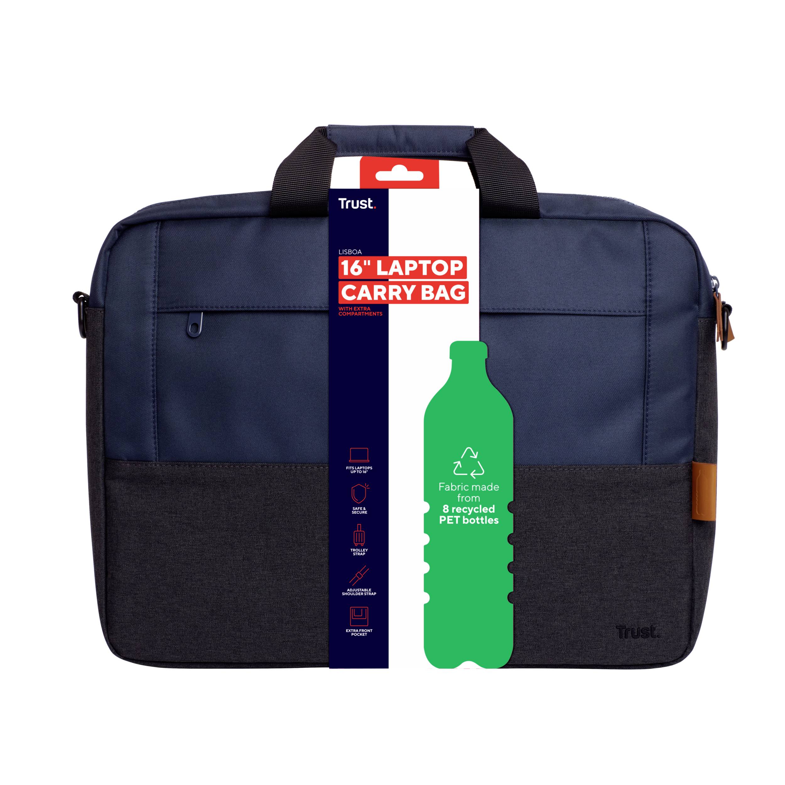 Sacoche pour ordinateur portable de 16 pouces, bleu marine, fabriquée à partir de 8 bouteilles PET recyclées, nom de marque en haut à gauche.