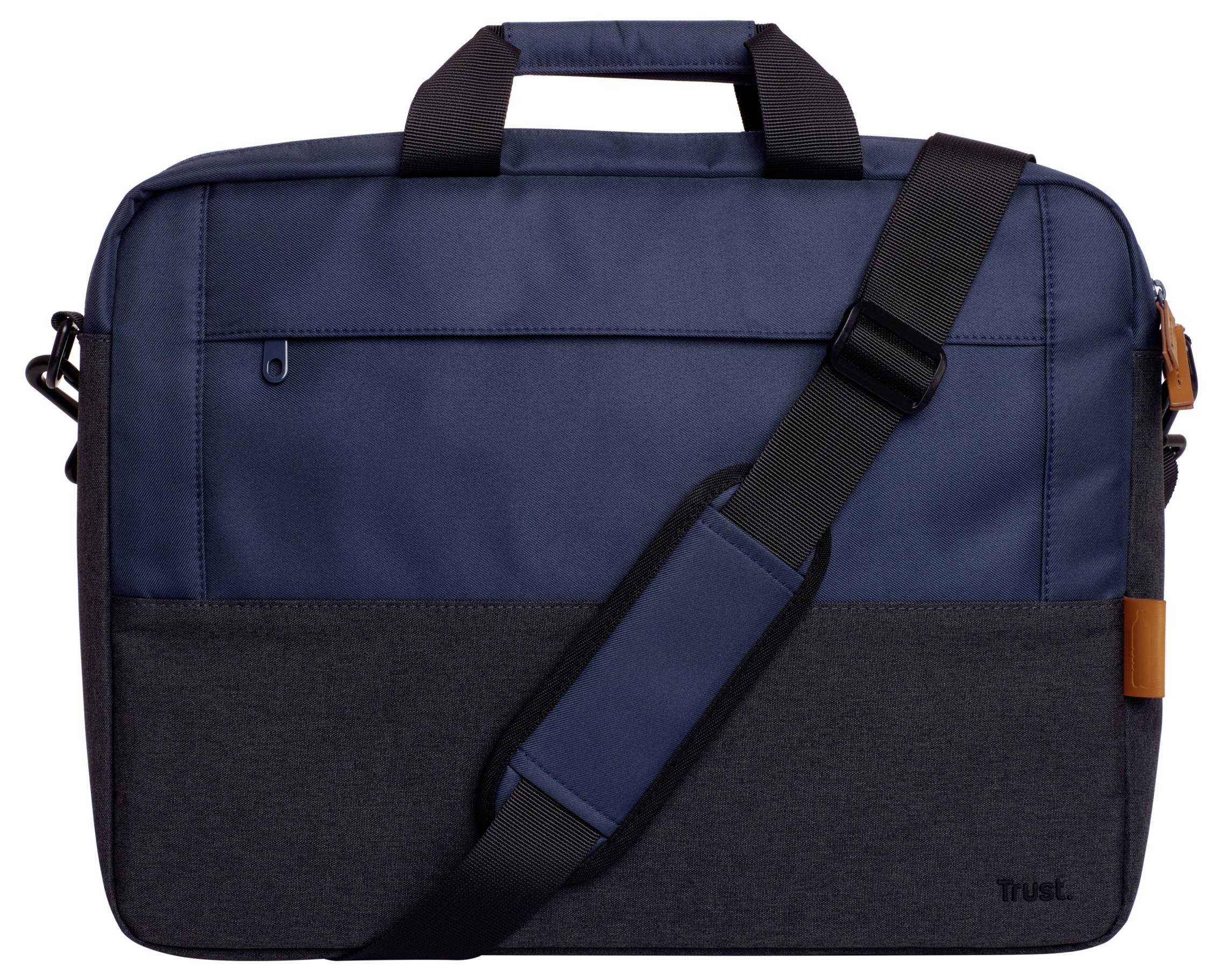 Un sac pour ordinateur portable bleu marine avec une bandoulière noire et un compartiment supplémentaire à fermeture éclair, adapté au transport des ordinateurs.