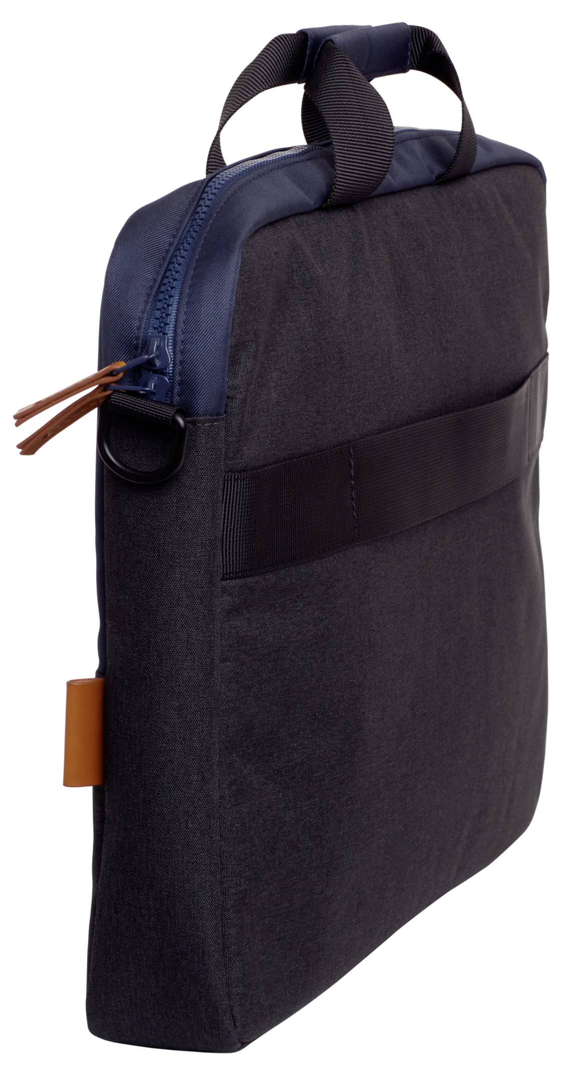 Sac pour ordinateur portable noir avec ouverture supérieure bleue et curseurs de fermeture éclair bruns. Poignée de transport en haut, vue de côté.