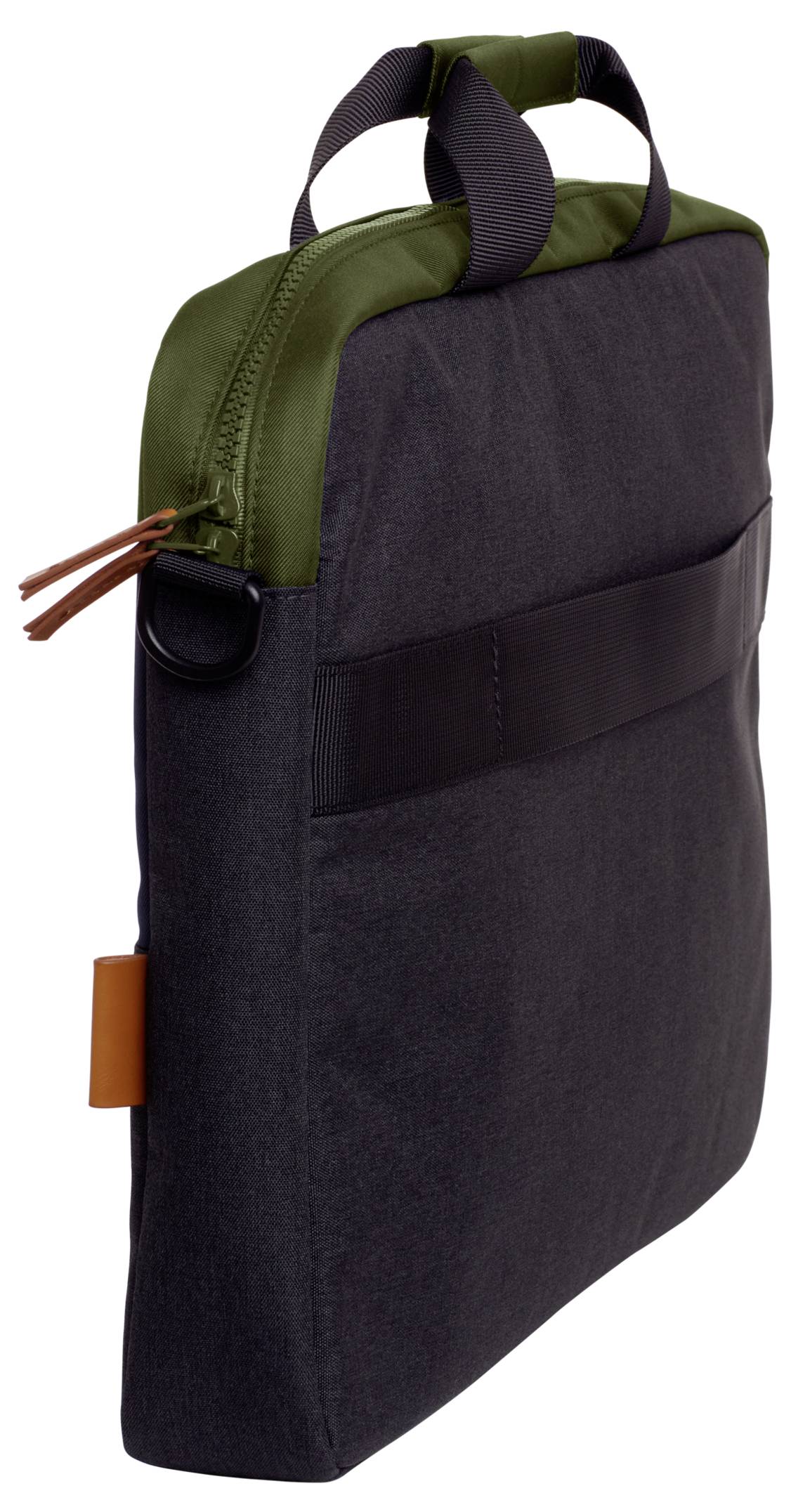 Un sac pour ordinateur portable noir avec une fermeture éclair verte, une poignée de transport, des finitions en cuir sur le côté et une large bande noire à l'avant.
