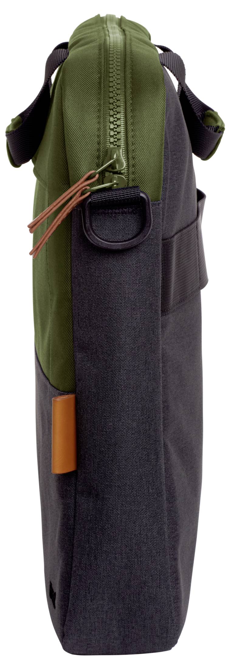 Vue latérale d'un sac bicolore avec fermeture éclair et poignée, adapté au transport des ordinateurs portables.