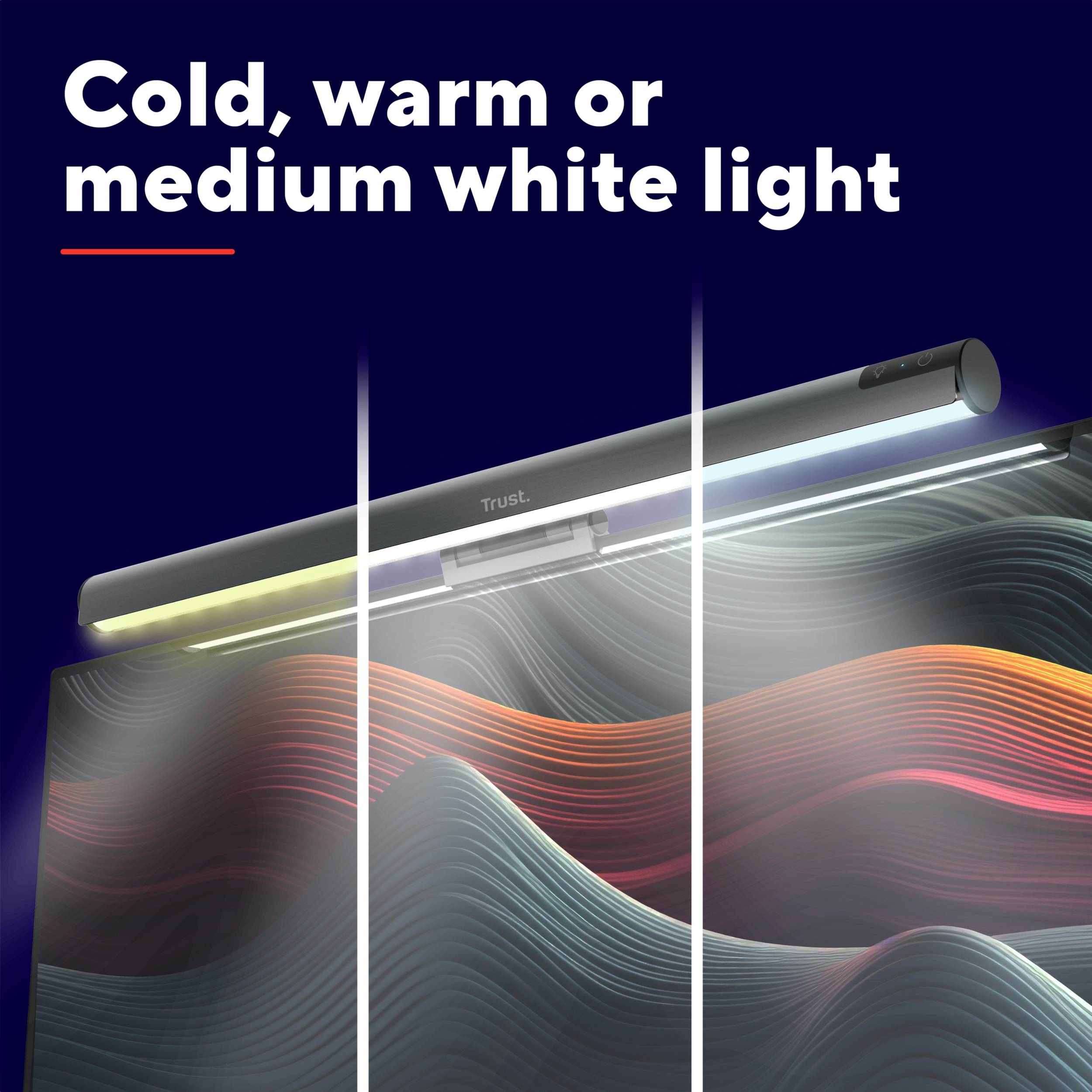 Lampe LED avec trois températures de couleur : blanc froid, blanc chaud et blanc neutre. Arrière-plan avec des lignes de couleur fluides dans des tons de bleu et de rouge.