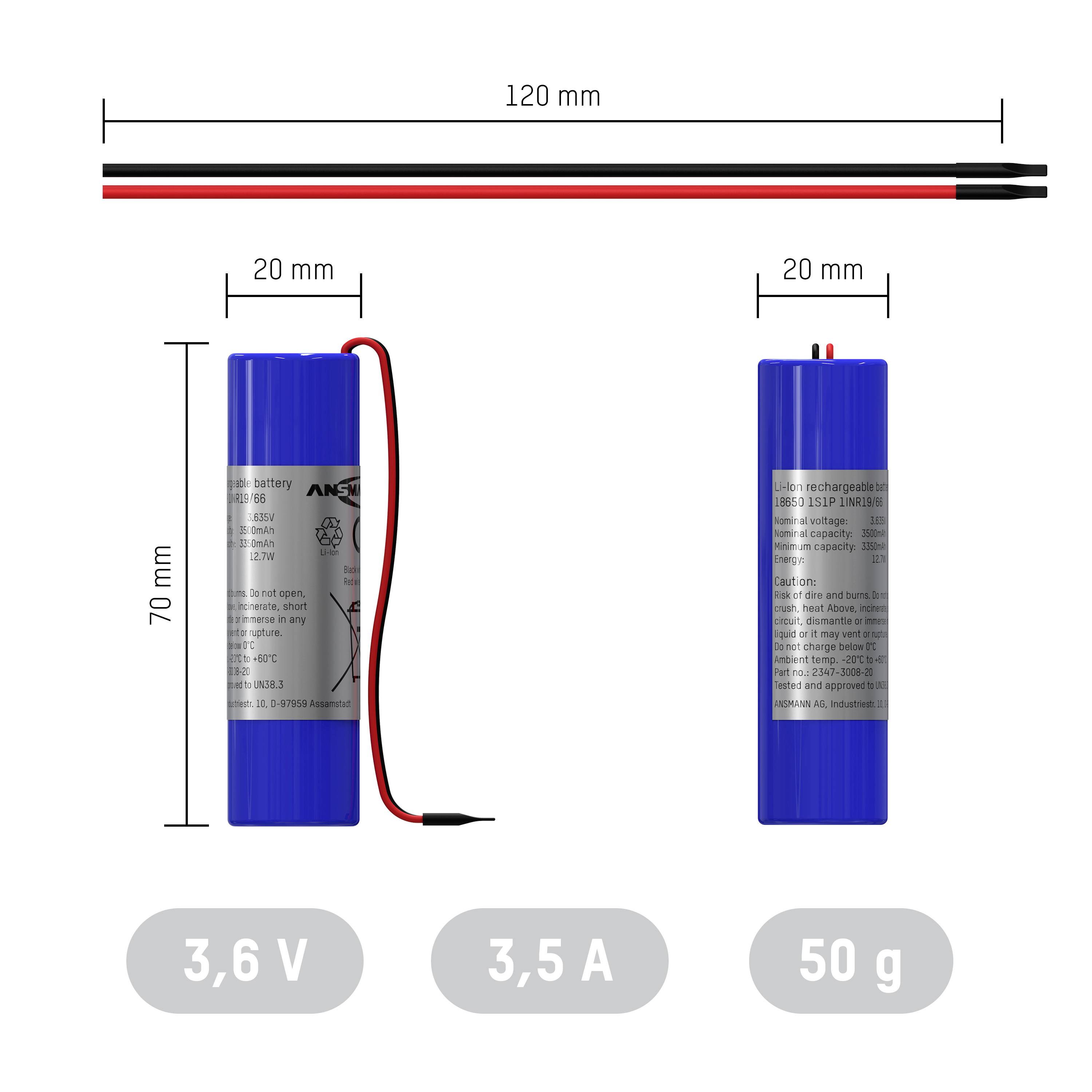 'Pack d'accumulateur bleu, 3,6 V, 3,5 A, 50 g, Dimensions : 70 mm de hauteur, 20 mm de largeur. En haut : Schéma de câblage, largeur 20 mm, longueur 120 mm.'