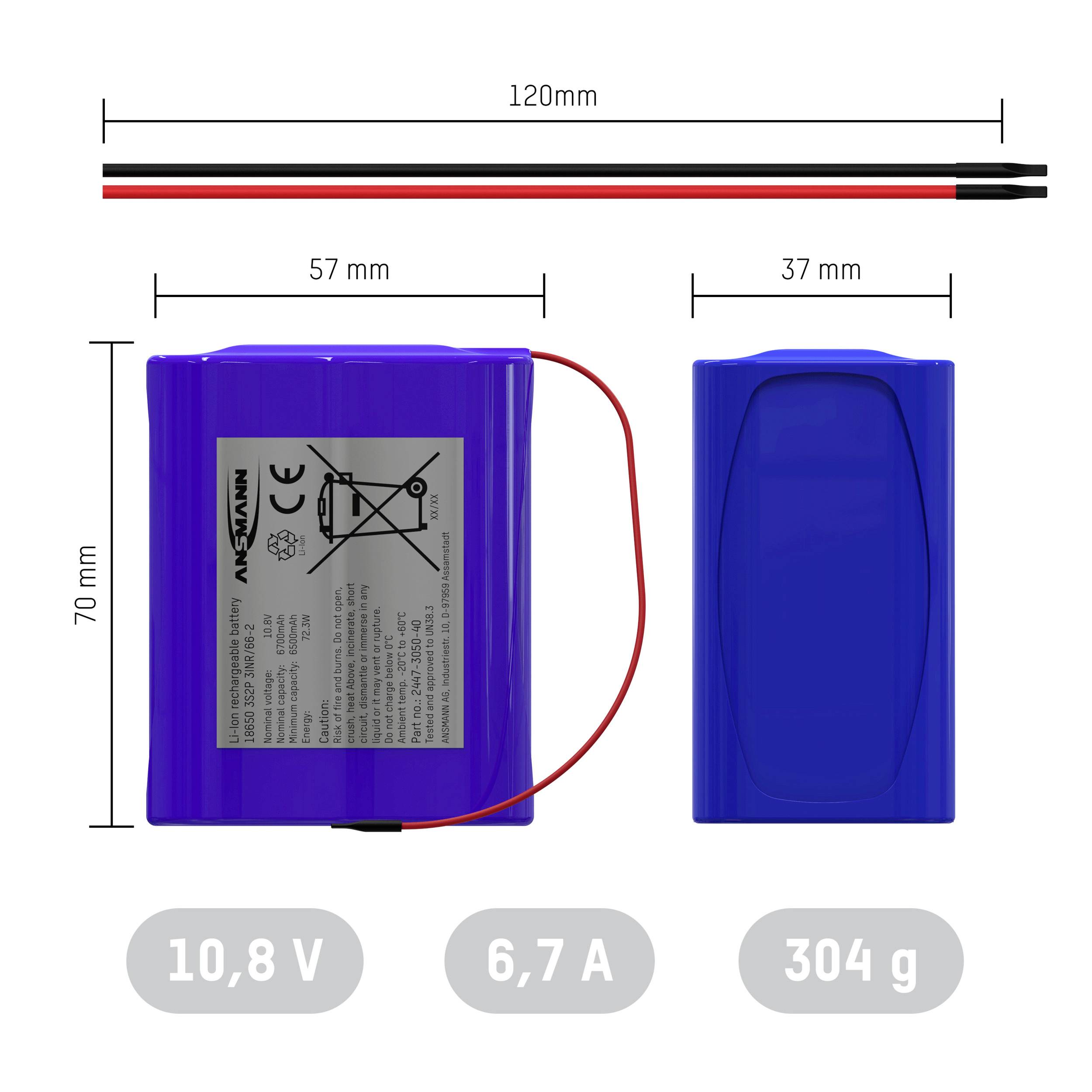 Batterie bleue avec les dimensions 70 x 57 x 37 mm, tension 10,8 V, 6,7 A, poids 304 g. En haut, les câbles montrent une longueur de 120 mm.