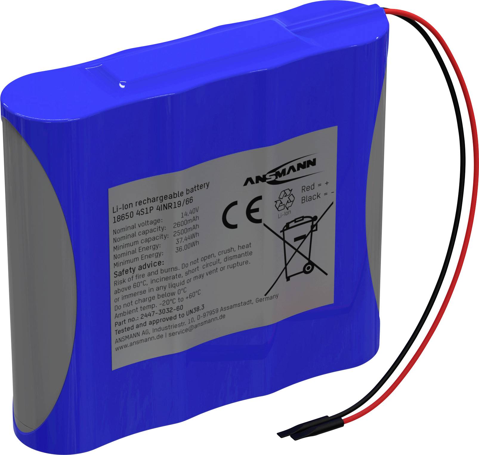 Ansmann 4S1P Akkupack 4x 18650 Kabel Li-Ion 14.4V 2600mAh Pack de piles rechargeables 4x Li-Ion 14.4 V 2600 mAh