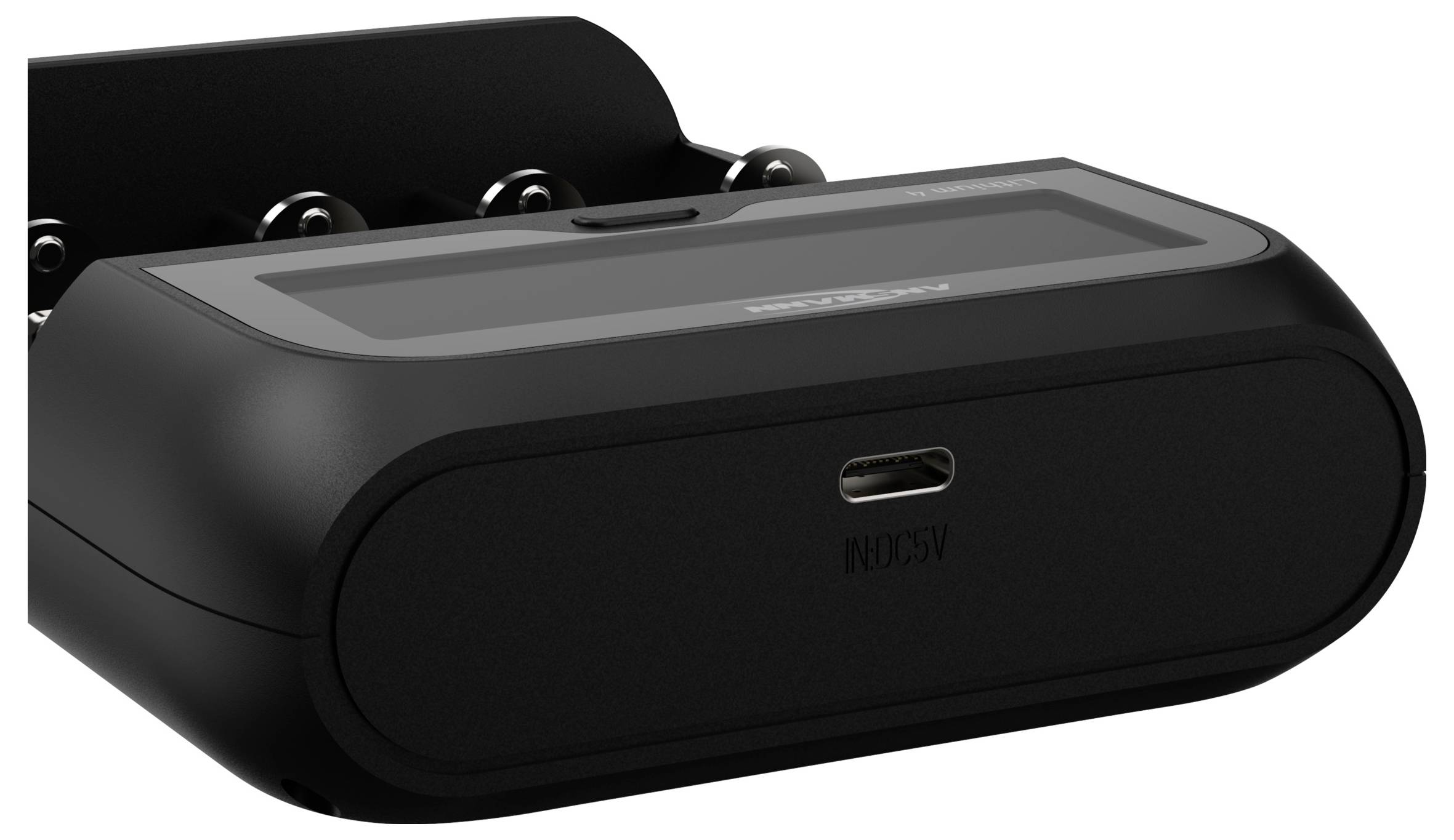 Un chargeur noir avec écran affiche l'état de charge. Il dispose d'un port USB et convient à plusieurs batteries.