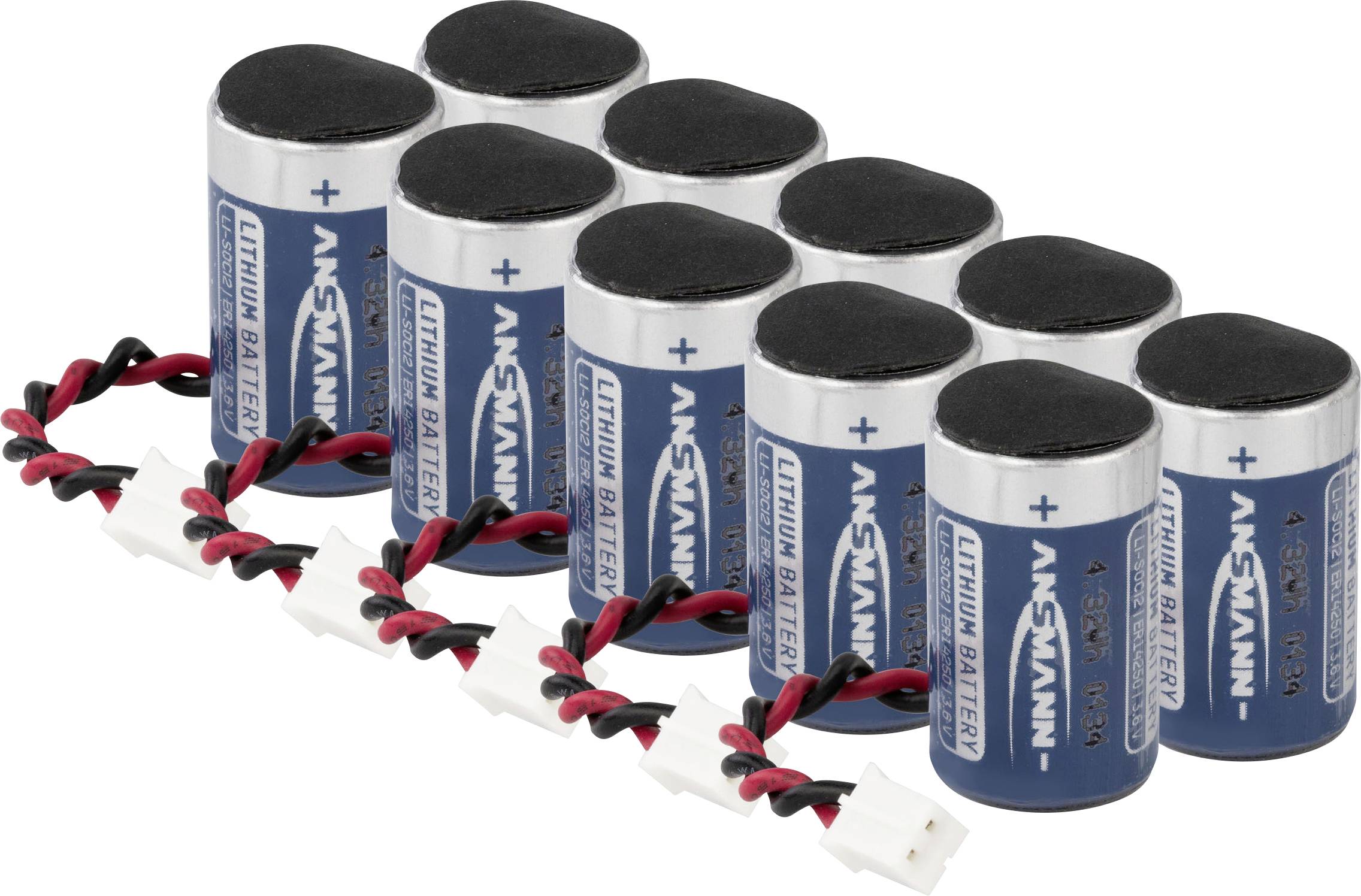 Neuf batteries lithium-cylindriques, en partie empilées, portant l'inscription 'Ansmann'. Chacune est équipée de deux câbles munis d'une extrémité de connexion blanche.