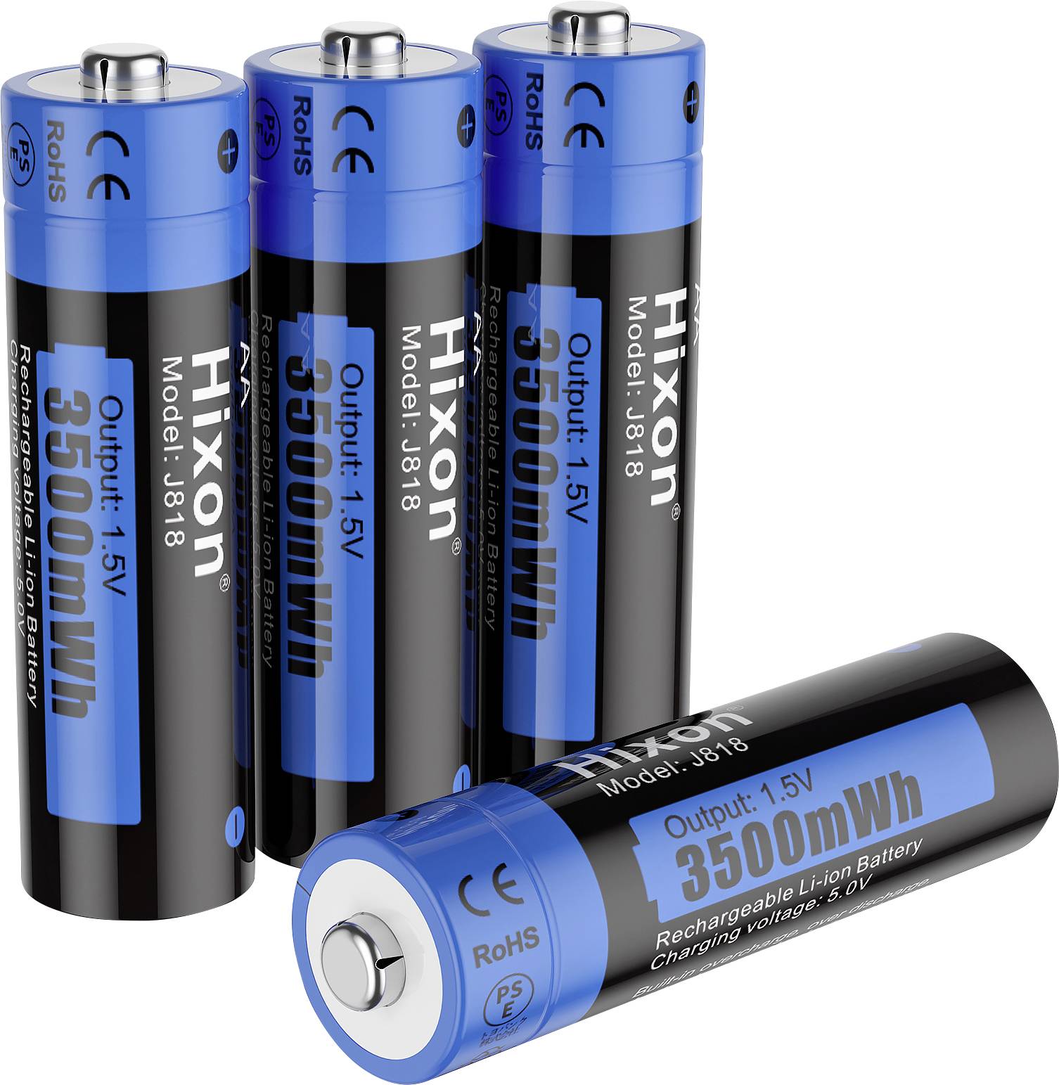 Quatre piles rechargeables AA de 1,5V avec une enveloppe bleue et noire, portant l'inscription '3500mWh', marquées comme modèle JB18 de Hixon.