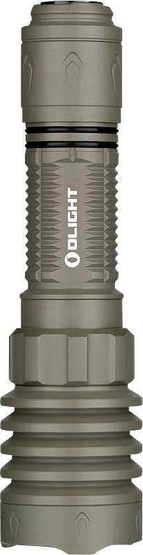 Une lampe de poche tactique grise avec une poignée texturée et le nom de marque 'Olight' sur le boîtier. Idéale pour les activités de plein air.