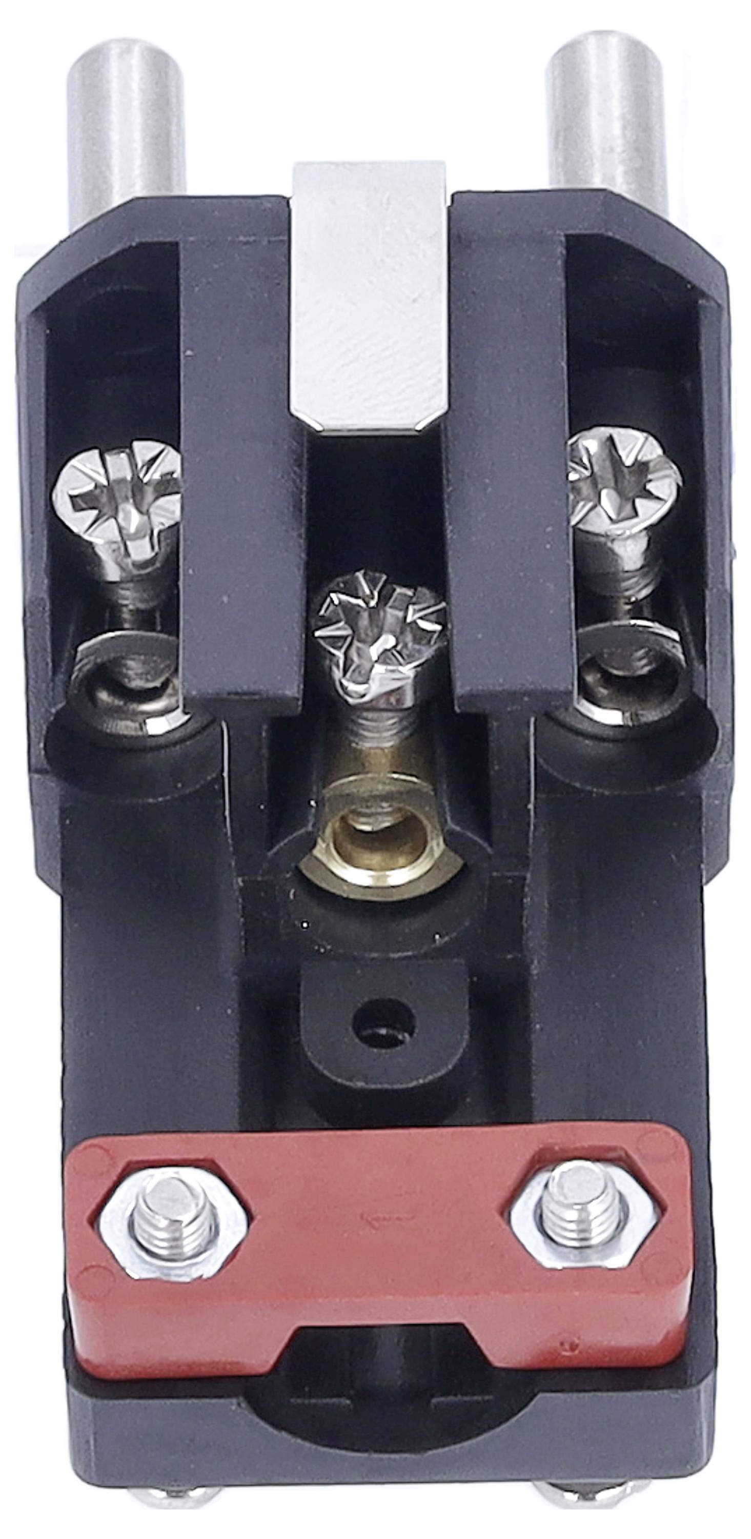 Un connecteur électrique noir et rouge avec des bornes métalliques et des vis, adapté aux applications industrielles.